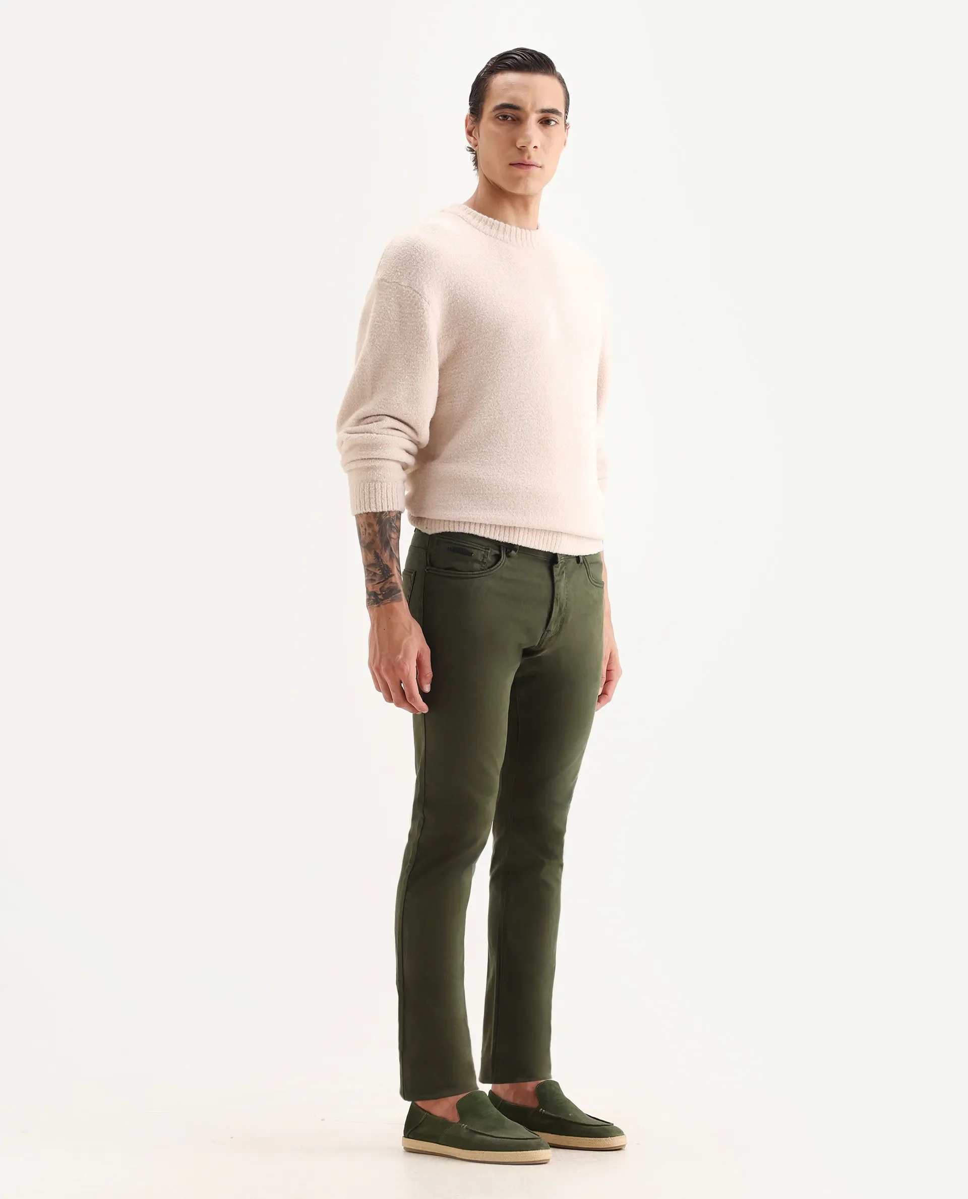 Rare Rabbit Men's Fiv5 Olive Cotton Plain Slim Fit Trouser - Image 6