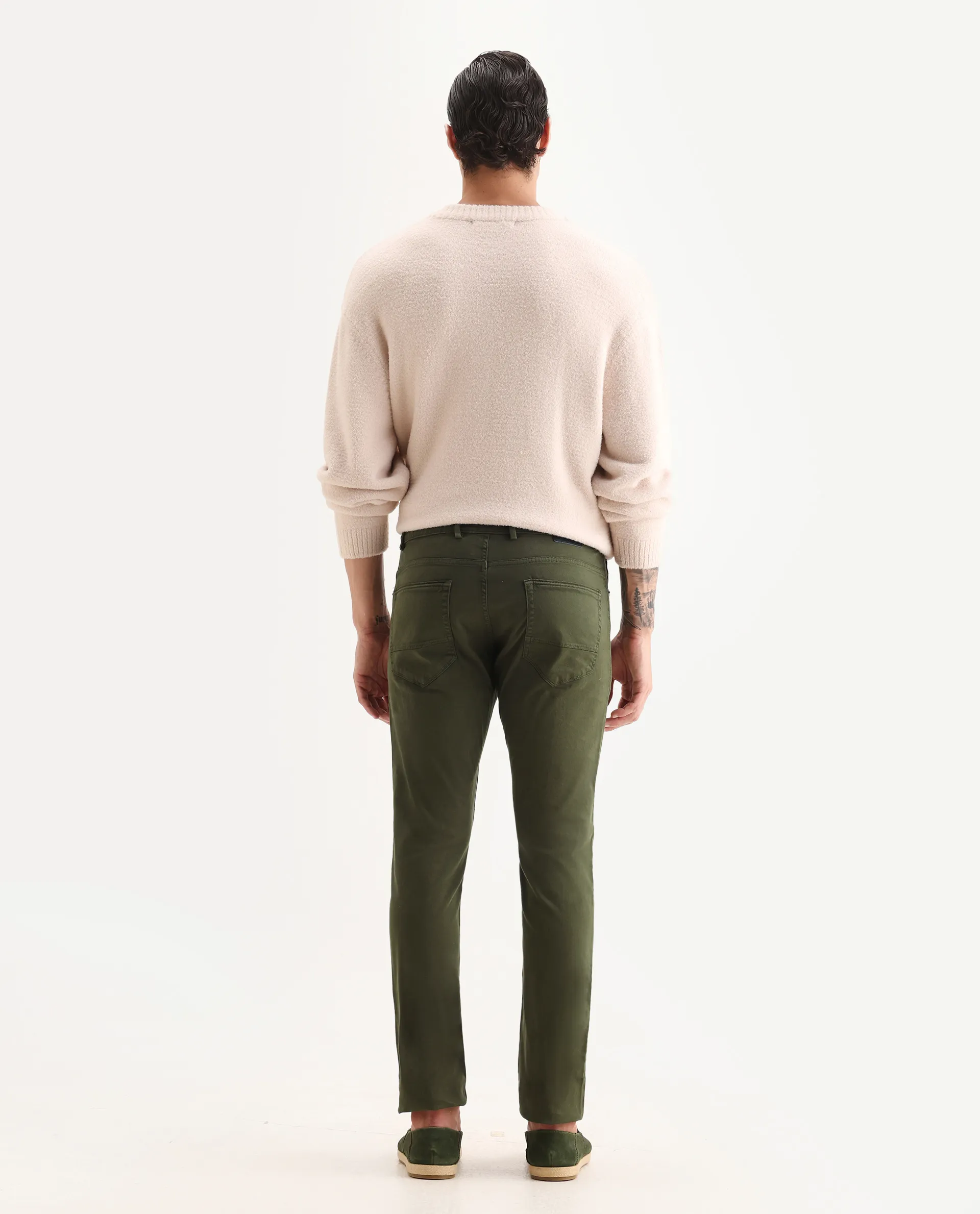 Rare Rabbit Men's Fiv5 Olive Cotton Plain Slim Fit Trouser - Image 7