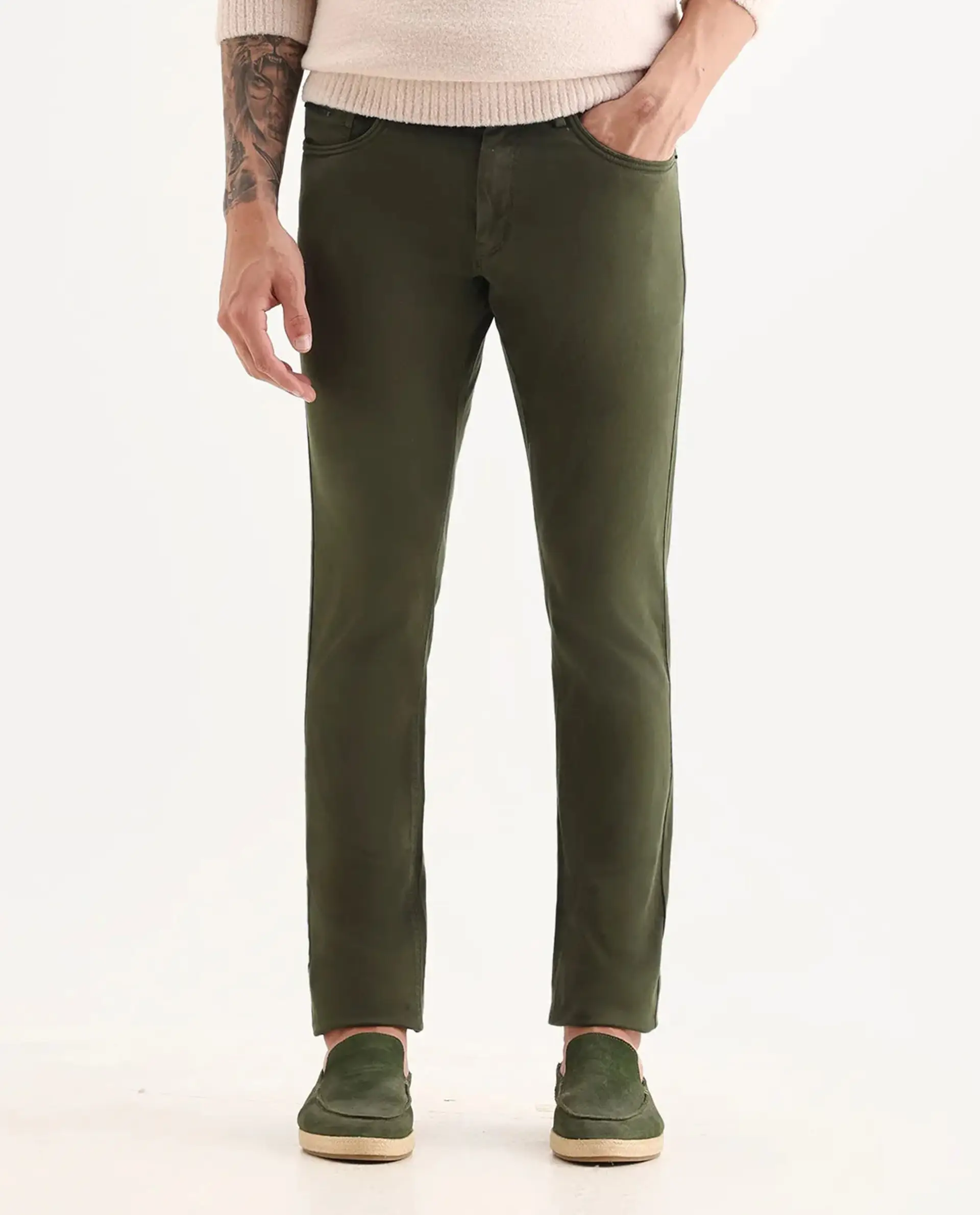 Rare Rabbit Men's Fiv5 Olive Cotton Plain Slim Fit Trouser - Image 8