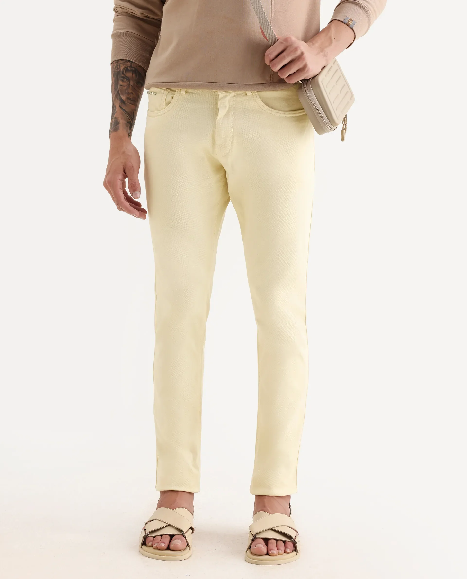 Rare Rabbit Men's Fiv5 Yellow Cotton Plain Slim Fit Trouser - Image 2