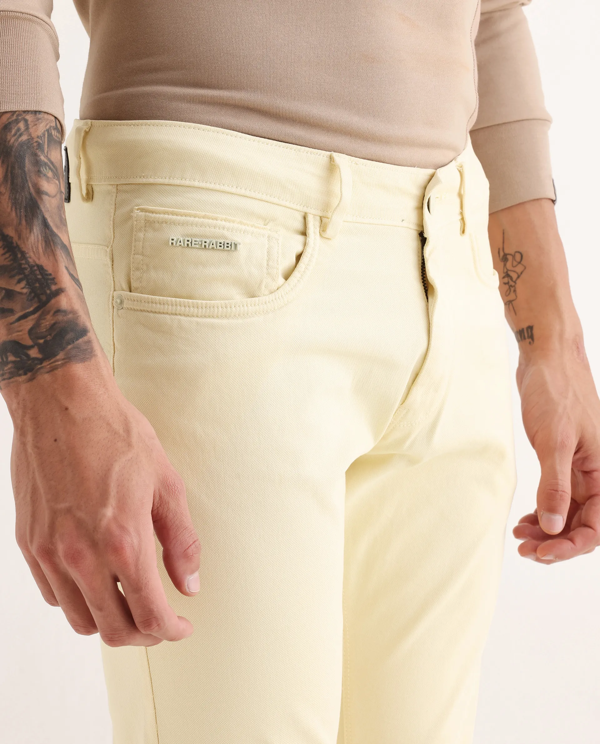 Rare Rabbit Men's Fiv5 Yellow Cotton Plain Slim Fit Trouser - Image 3