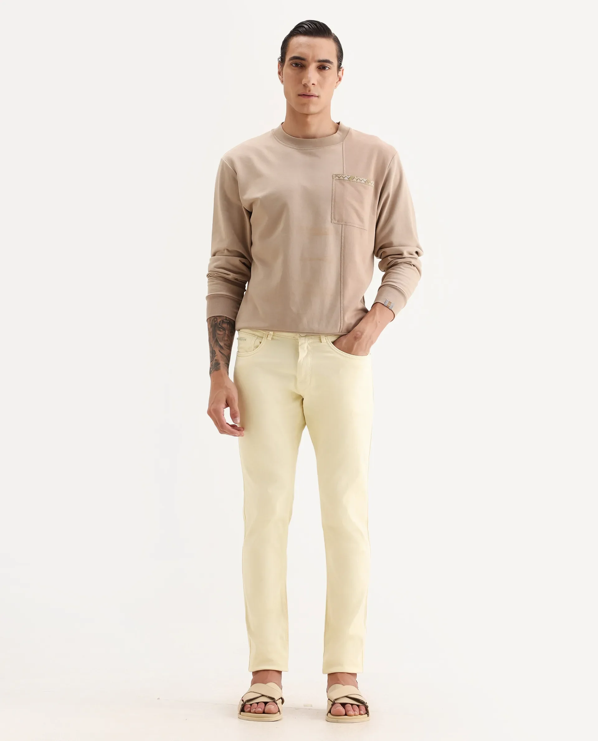 Rare Rabbit Men's Fiv5 Yellow Cotton Plain Slim Fit Trouser - Image 4