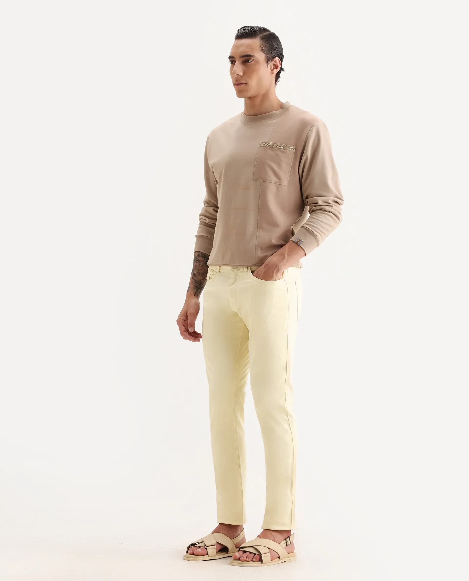 Rare Rabbit Men's Fiv5 Yellow Cotton Plain Slim Fit Trouser - Image 5