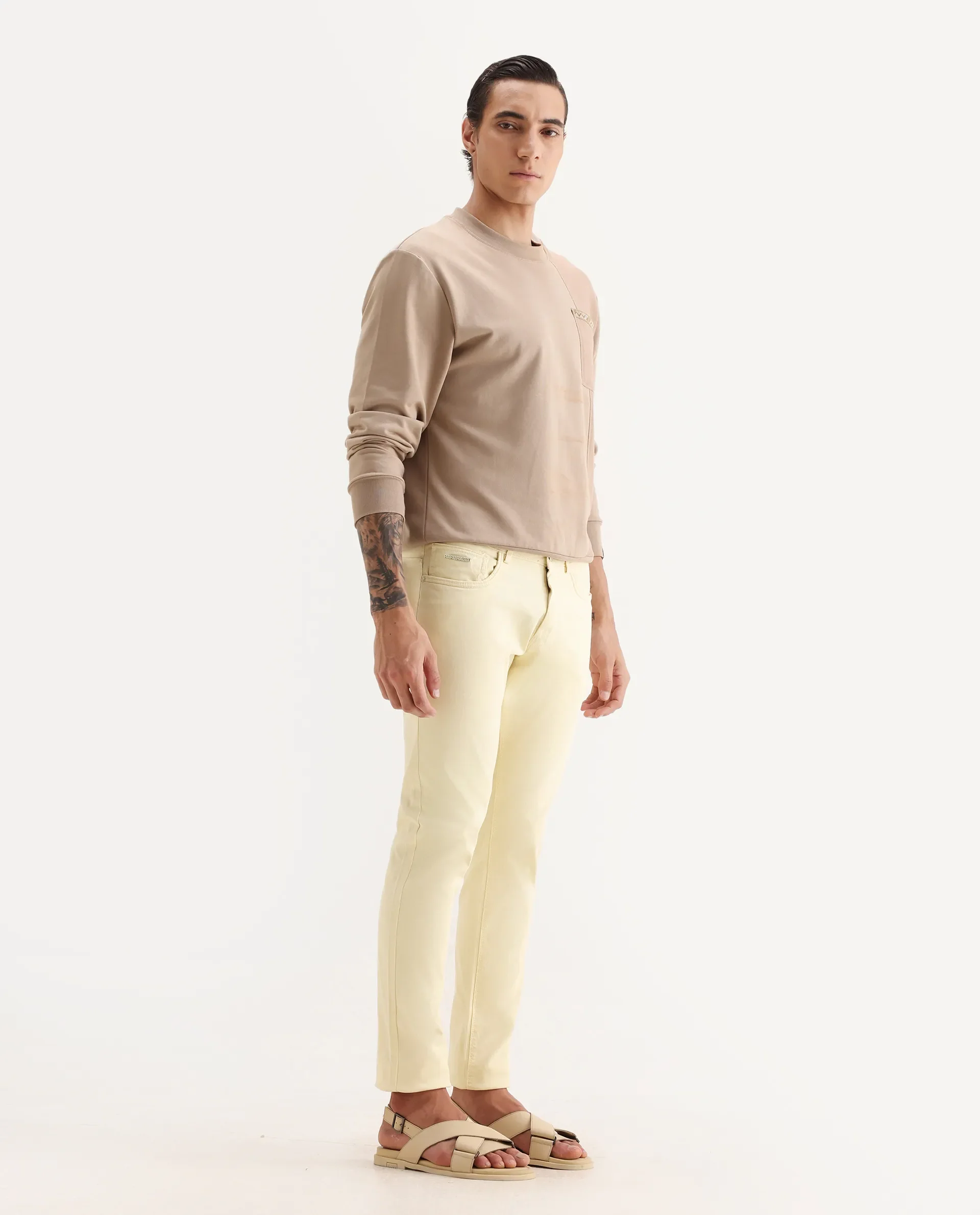 Rare Rabbit Men's Fiv5 Yellow Cotton Plain Slim Fit Trouser - Image 6