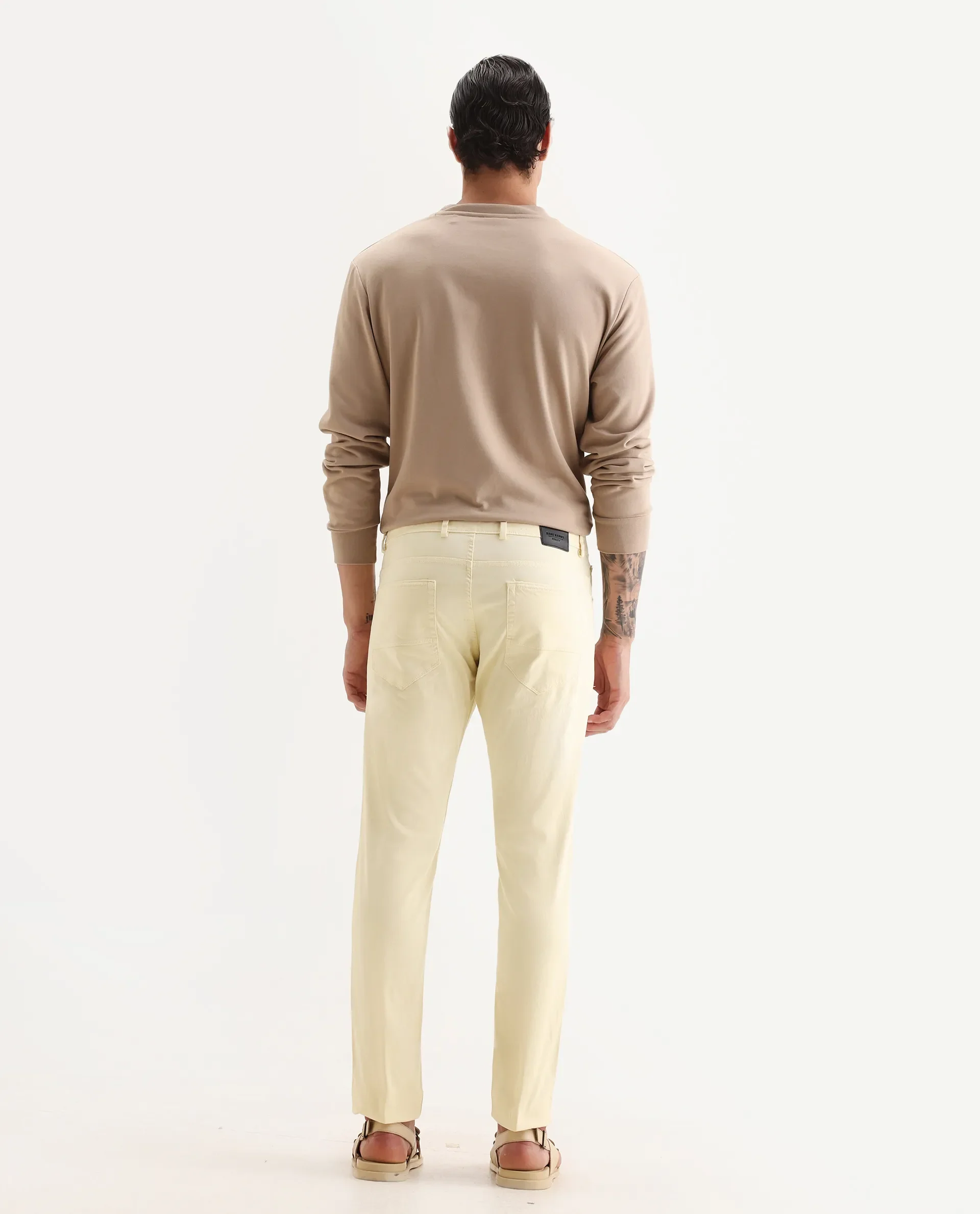 Rare Rabbit Men's Fiv5 Yellow Cotton Plain Slim Fit Trouser - Image 7