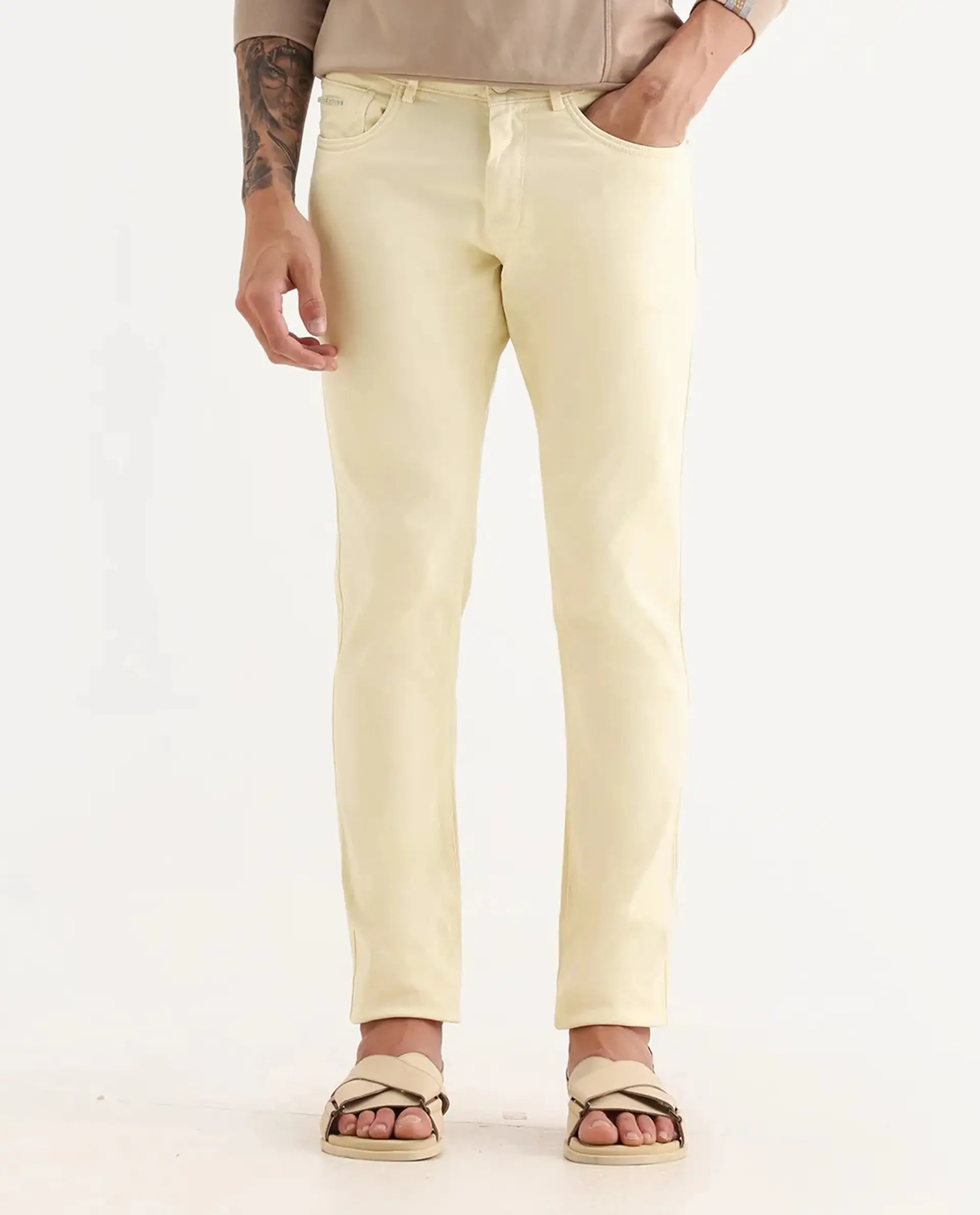 Rare Rabbit Men's Fiv5 Yellow Cotton Plain Slim Fit Trouser - Image 8