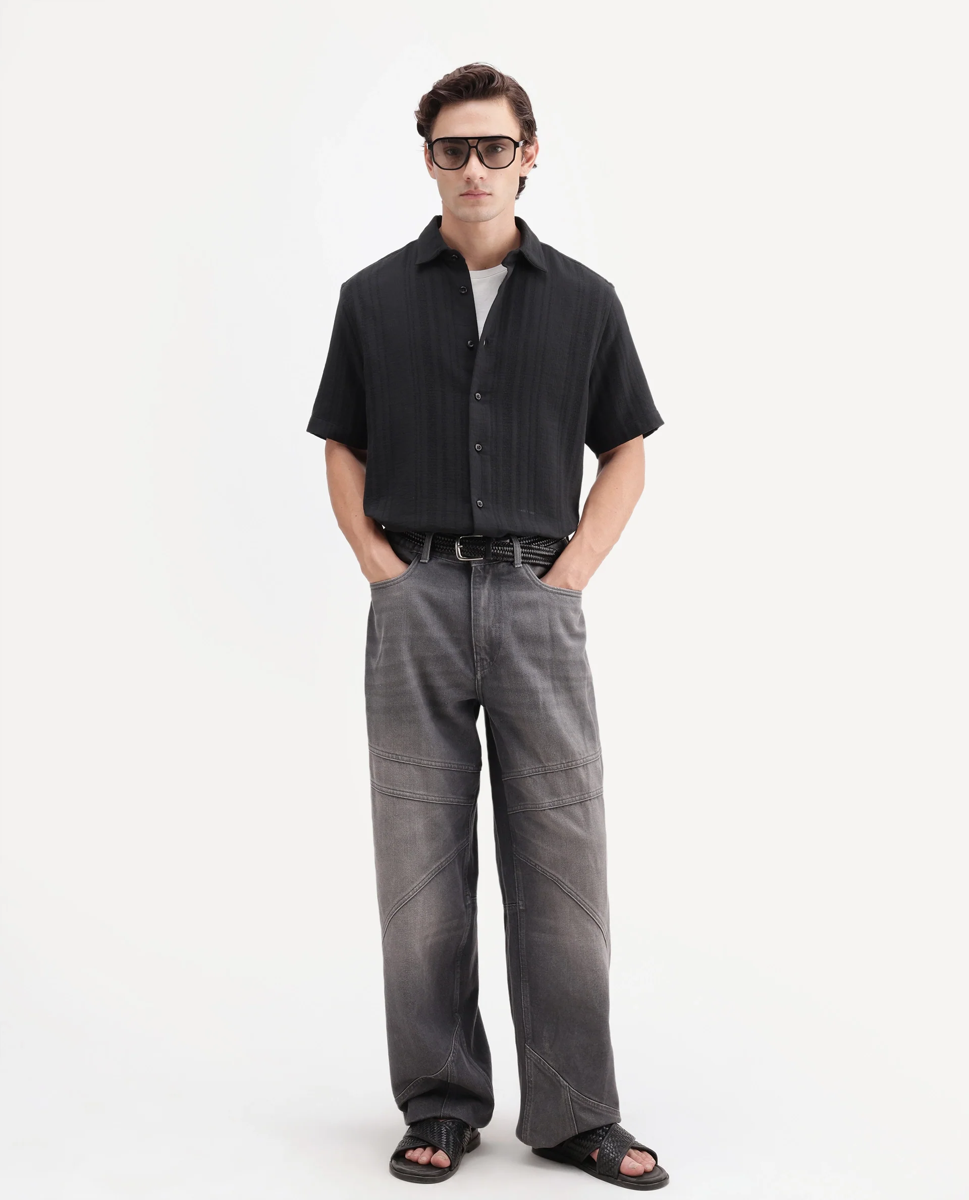 Rare Rabbit Men's Fivo Black Cotton Fabric Half Sleeve Collared Regular Fit Striped Shirt - Image 2