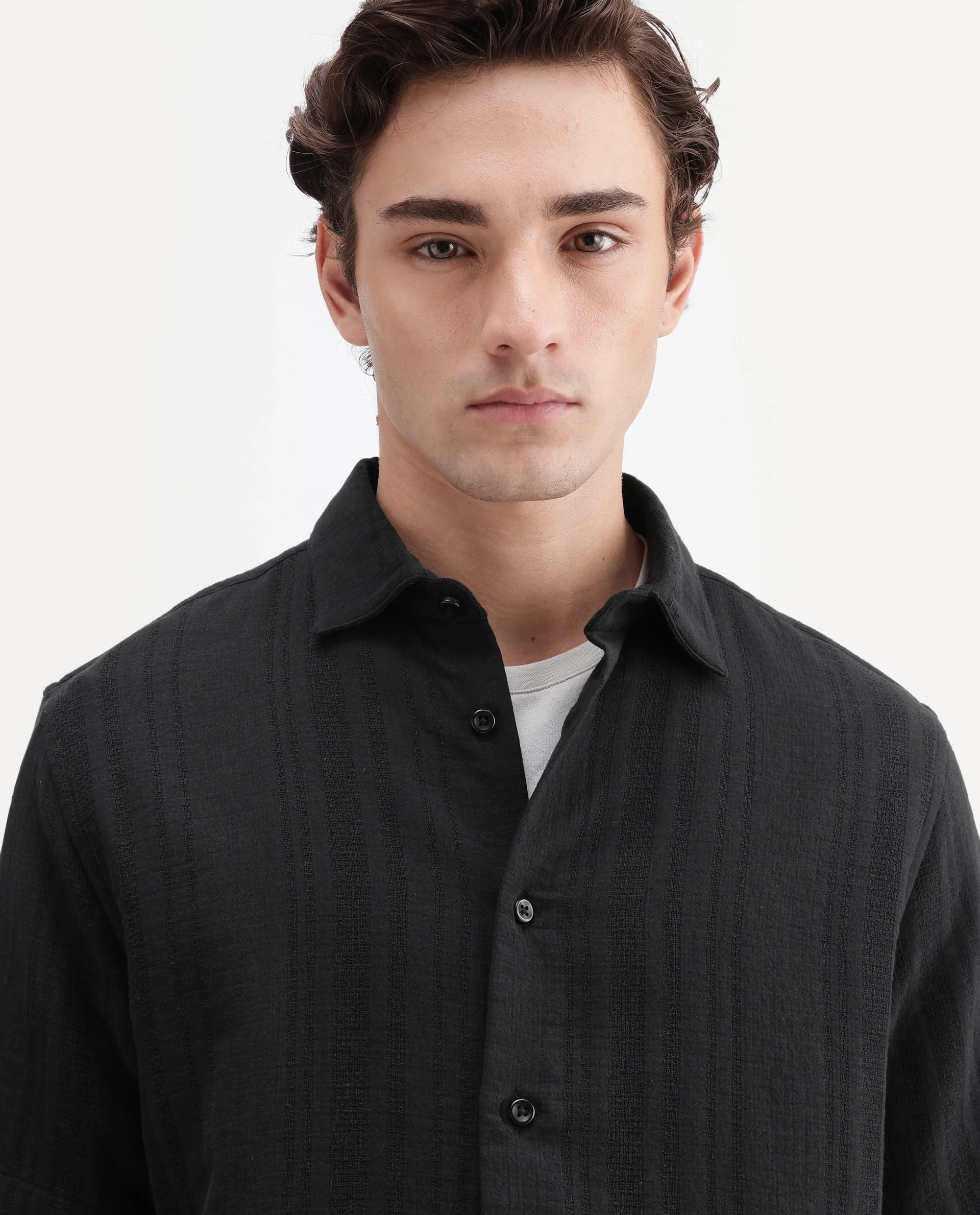 Rare Rabbit Men's Fivo Black Cotton Fabric Half Sleeve Collared Regular Fit Striped Shirt - Image 3