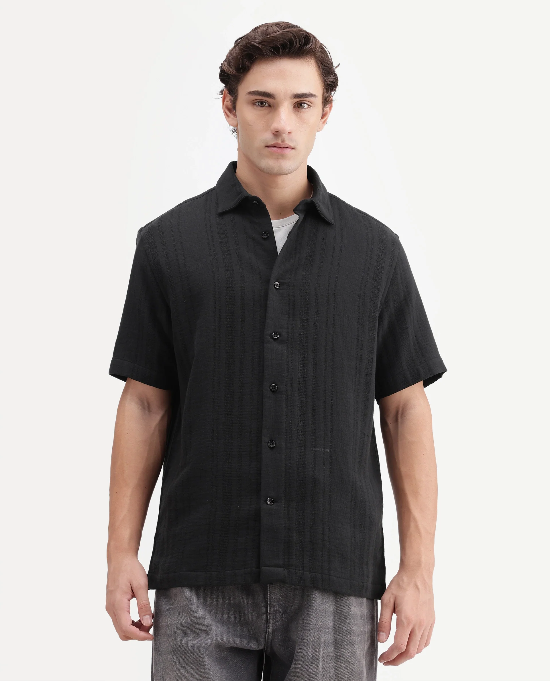 Rare Rabbit Men's Fivo Black Cotton Fabric Half Sleeve Collared Regular Fit Striped Shirt - Image 4
