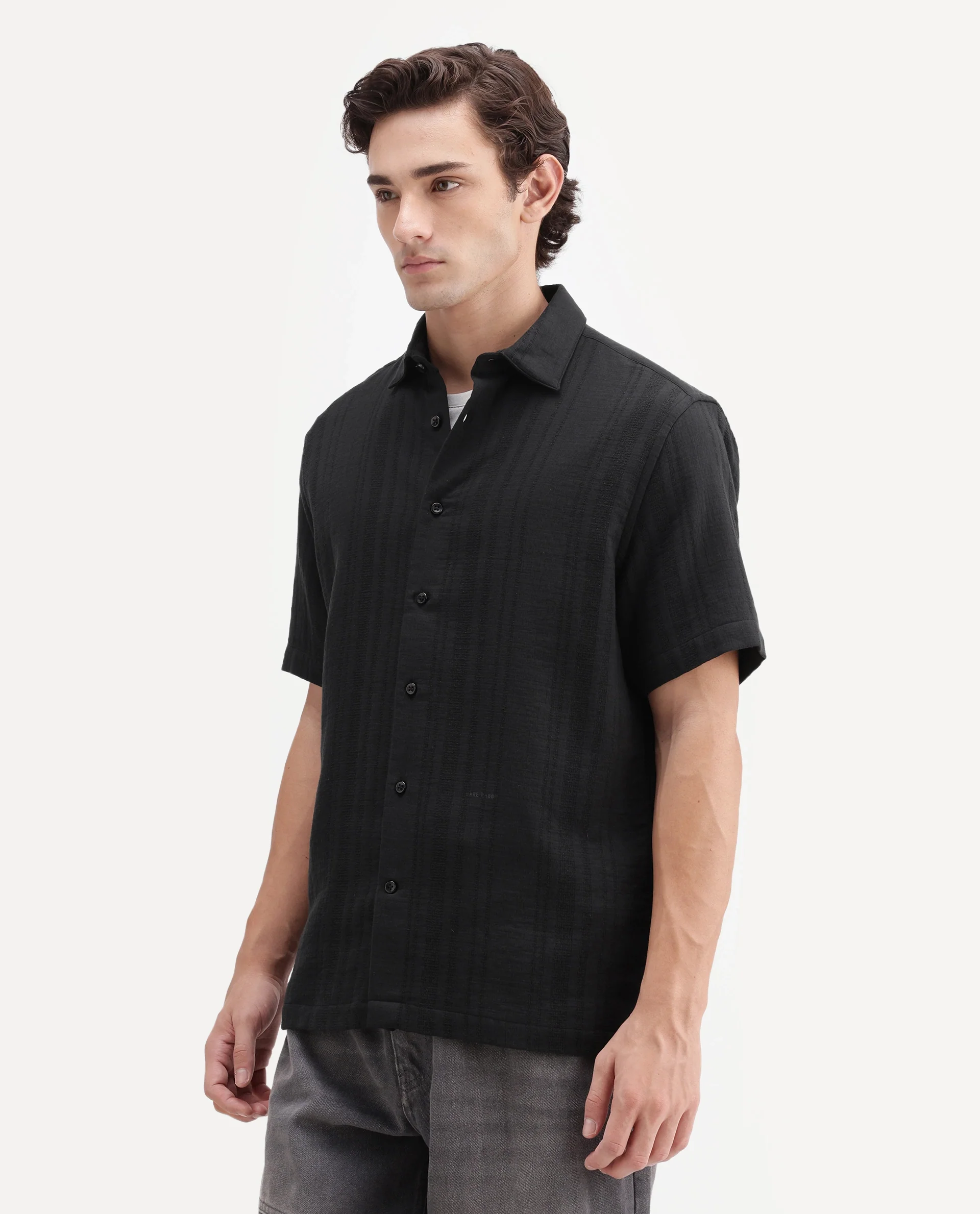 Rare Rabbit Men's Fivo Black Cotton Fabric Half Sleeve Collared Regular Fit Striped Shirt - Image 5