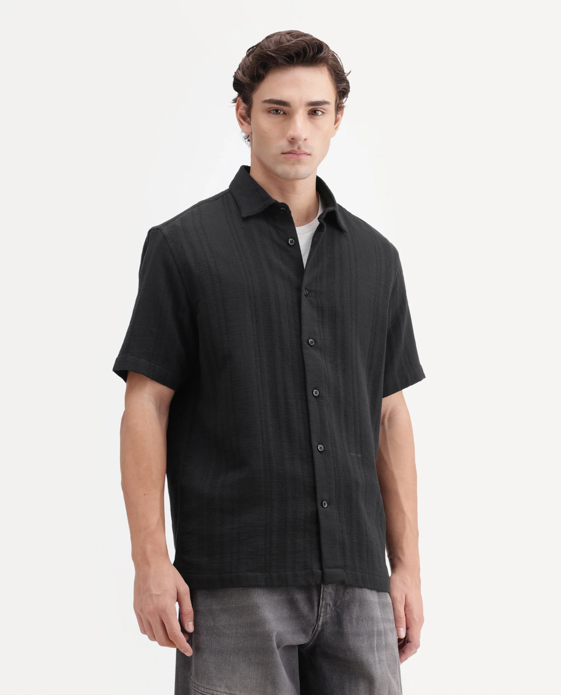 Rare Rabbit Men's Fivo Black Cotton Fabric Half Sleeve Collared Regular Fit Striped Shirt - Image 6