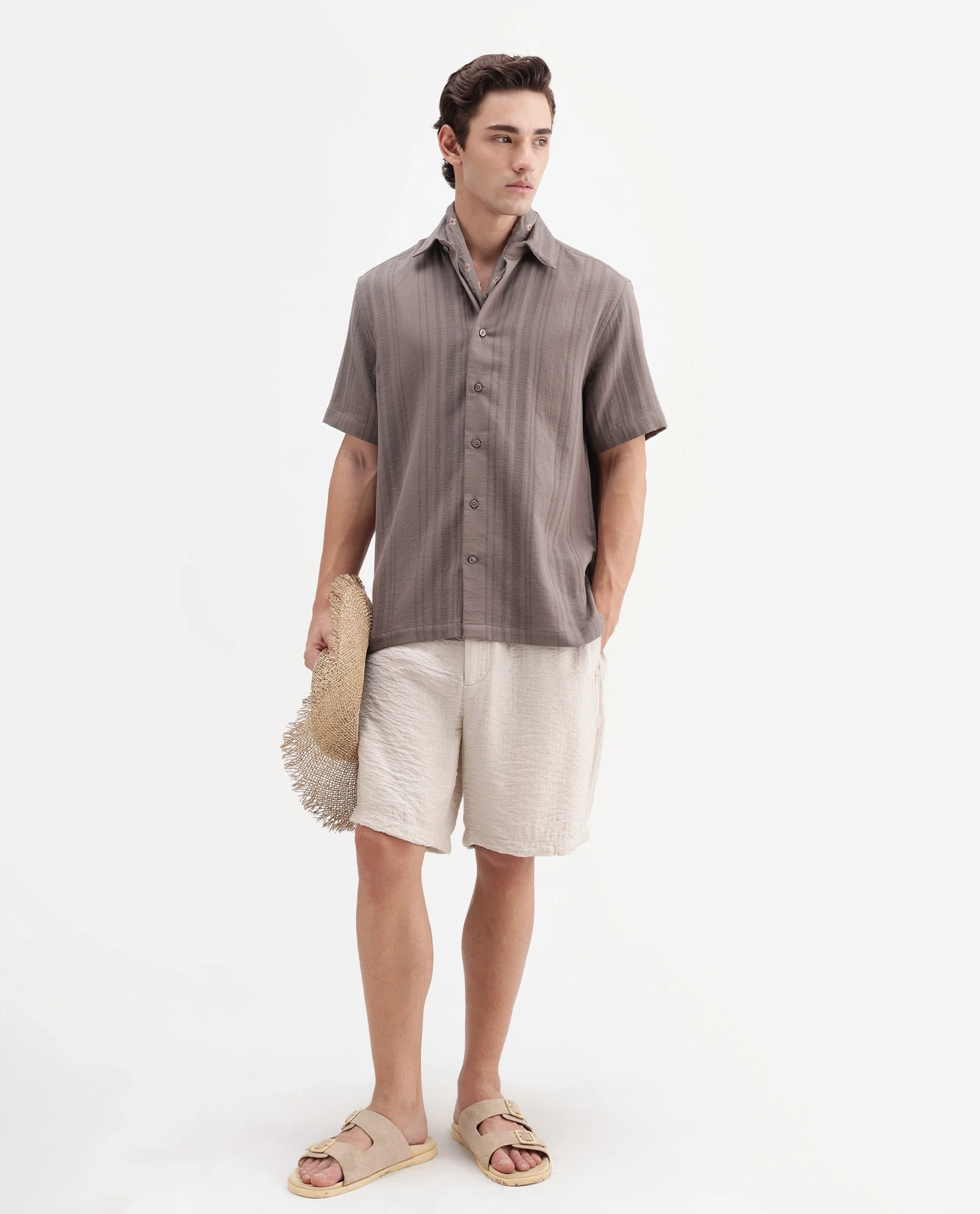 Rare Rabbit Men's Fivo Dusky Brown Cotton Fabric Half Sleeve Collared Regular Fit Striped Shirt - Image 2