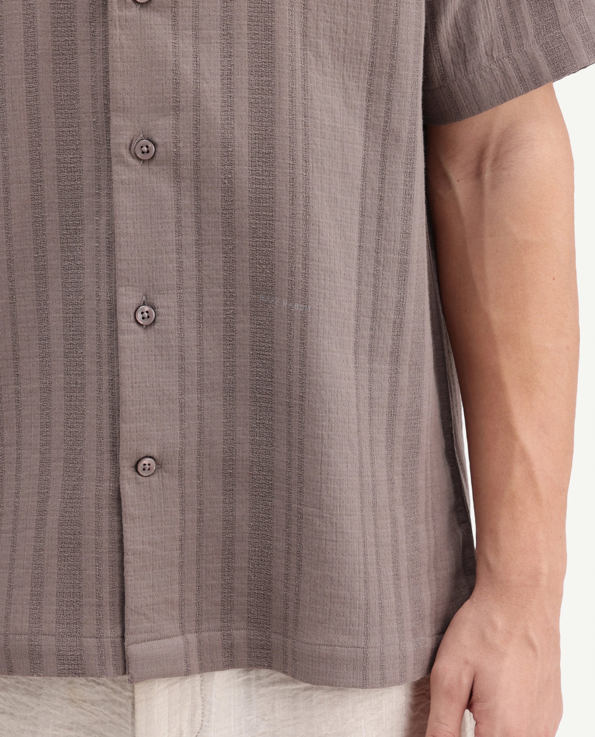 Rare Rabbit Men's Fivo Dusky Brown Cotton Fabric Half Sleeve Collared Regular Fit Striped Shirt - Image 3