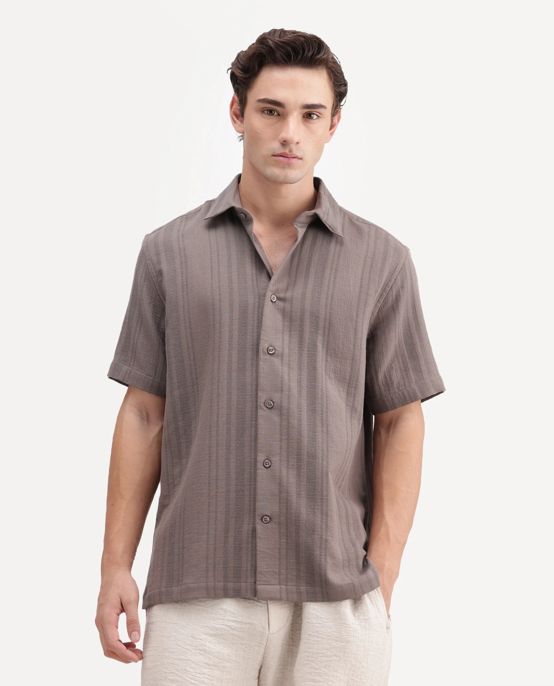 Rare Rabbit Men's Fivo Dusky Brown Cotton Fabric Half Sleeve Collared Regular Fit Striped Shirt - Image 4