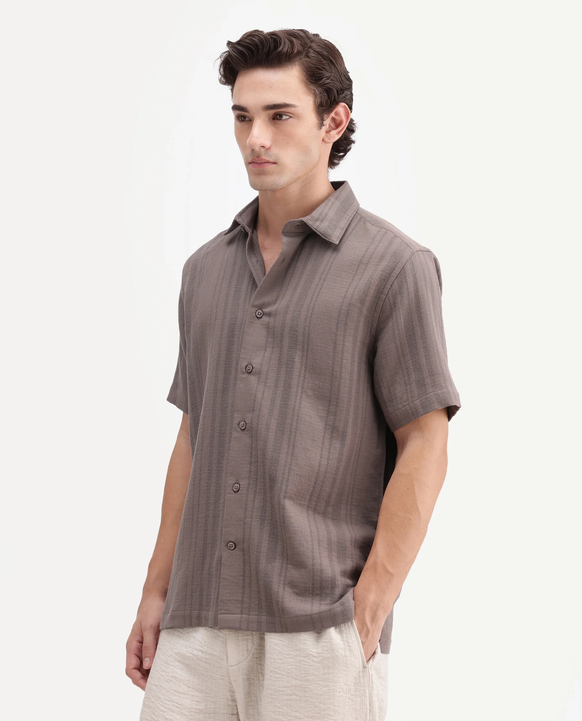 Rare Rabbit Men's Fivo Dusky Brown Cotton Fabric Half Sleeve Collared Regular Fit Striped Shirt - Image 5