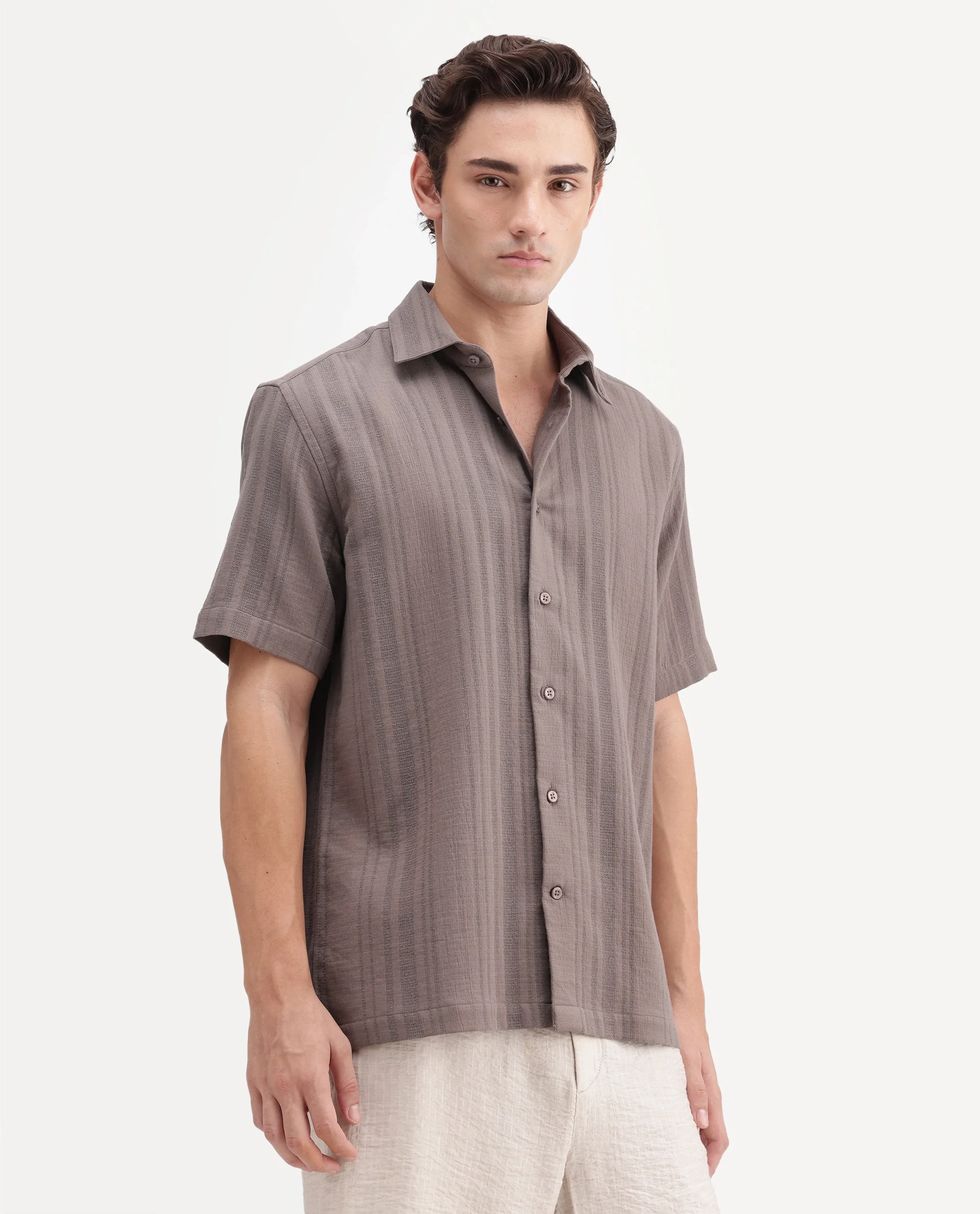 Rare Rabbit Men's Fivo Dusky Brown Cotton Fabric Half Sleeve Collared Regular Fit Striped Shirt - Image 6