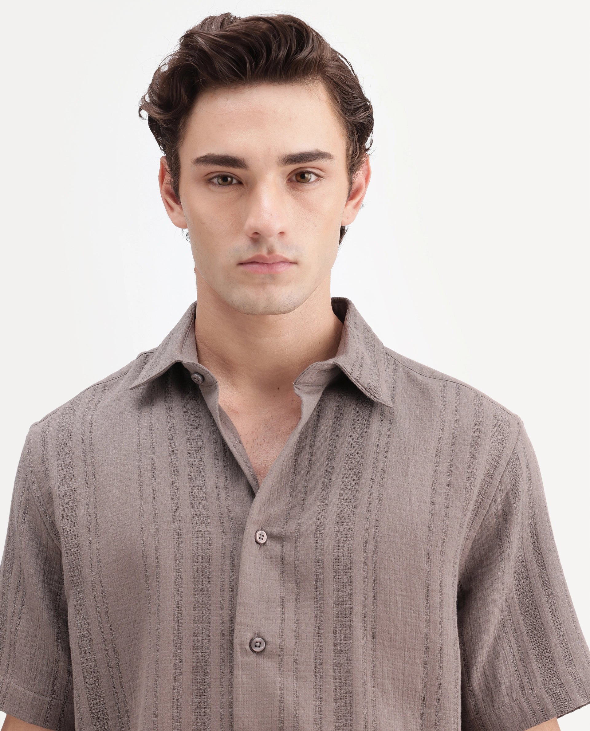 Rare Rabbit Men's Fivo Dusky Brown Cotton Fabric Half Sleeve Collared Regular Fit Striped Shirt - Image 7