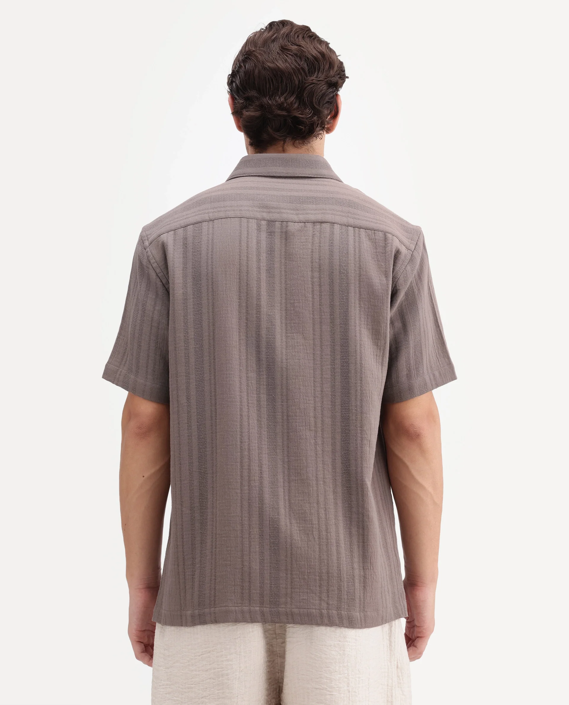 Rare Rabbit Men's Fivo Dusky Brown Cotton Fabric Half Sleeve Collared Regular Fit Striped Shirt - Image 8