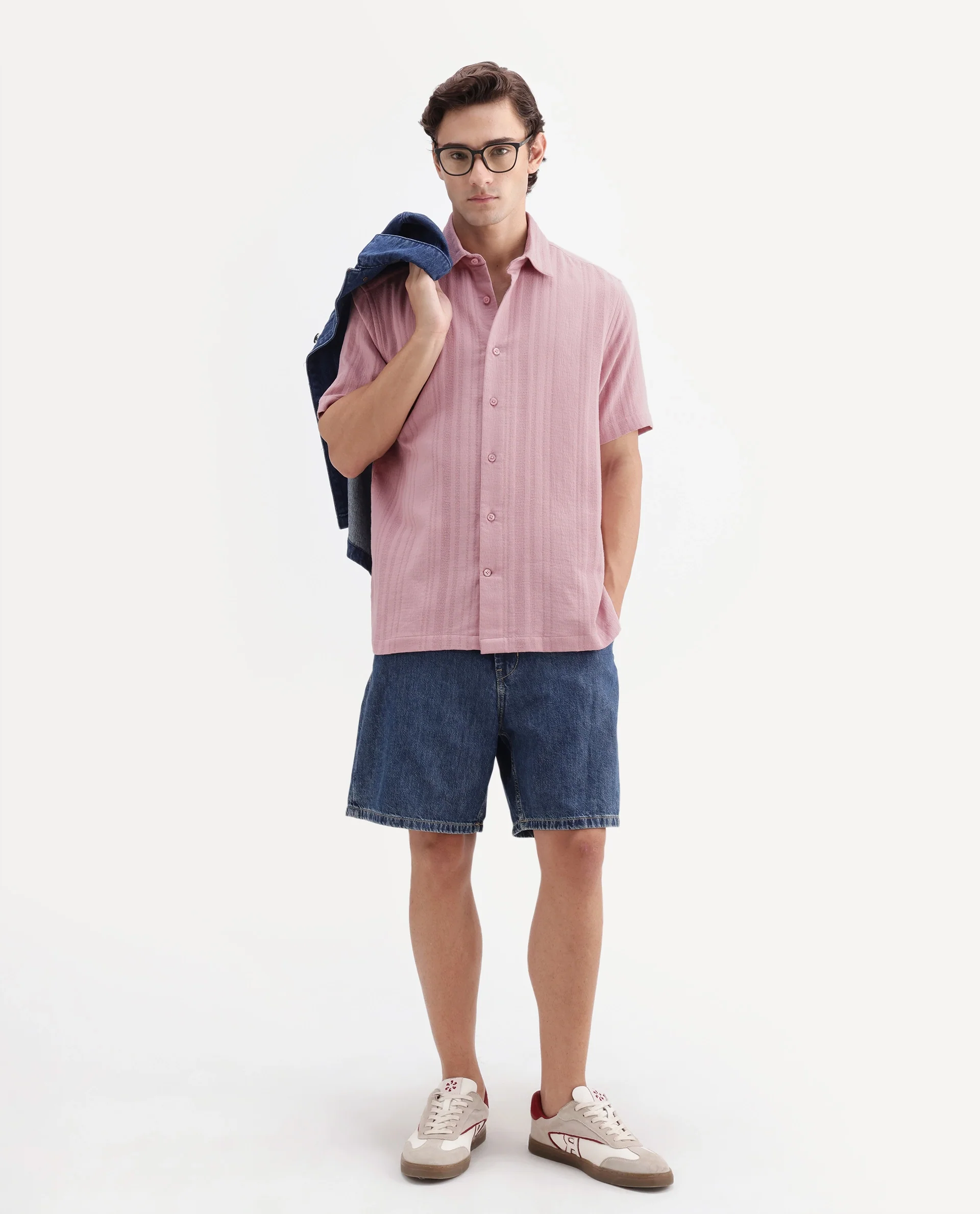 Rare Rabbit Men's Fivo Dusky Pink Cotton Fabric Half Sleeve Collared Regular Fit Striped Shirt - Image 2