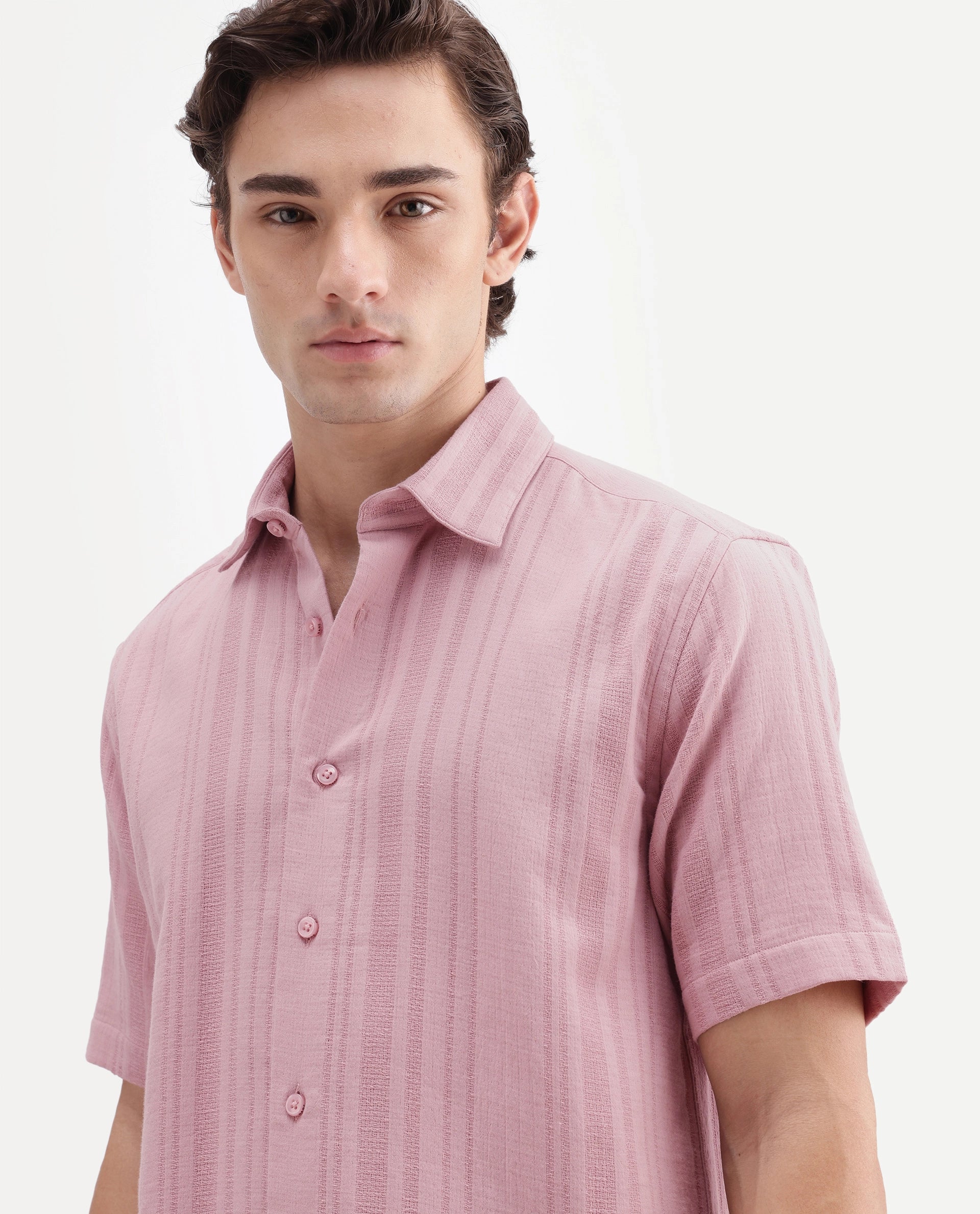 Rare Rabbit Men's Fivo Dusky Pink Cotton Fabric Half Sleeve Collared Regular Fit Striped Shirt - Image 3