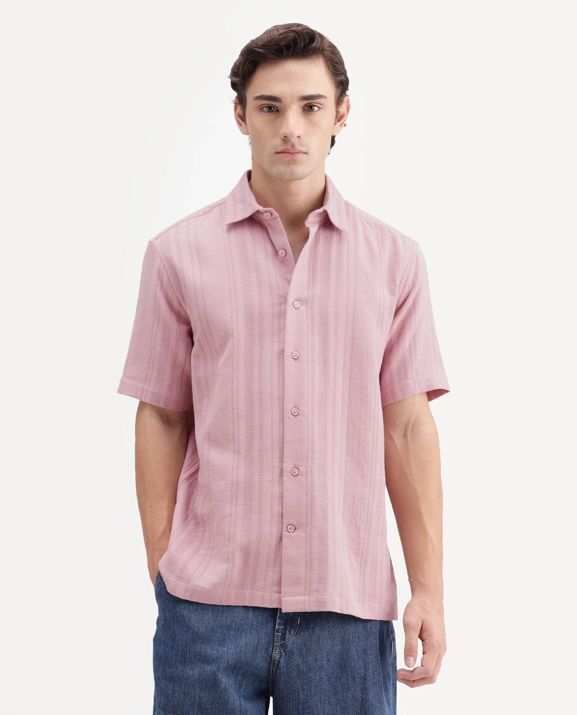 Rare Rabbit Men's Fivo Dusky Pink Cotton Fabric Half Sleeve Collared Regular Fit Striped Shirt - Image 4