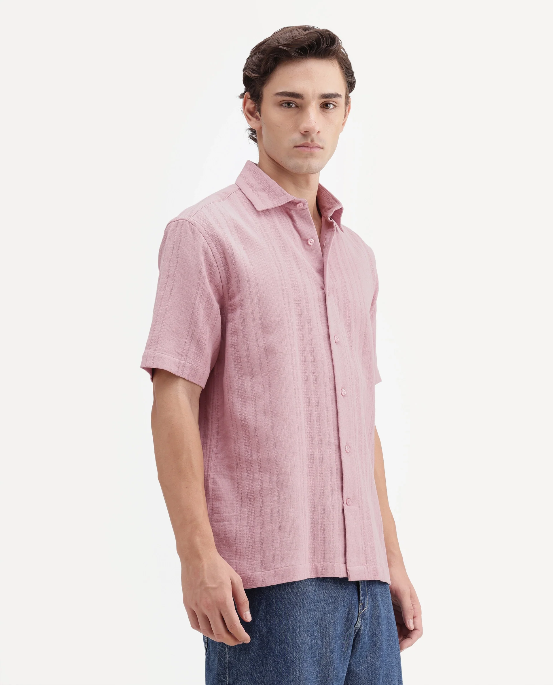 Rare Rabbit Men's Fivo Dusky Pink Cotton Fabric Half Sleeve Collared Regular Fit Striped Shirt - Image 5
