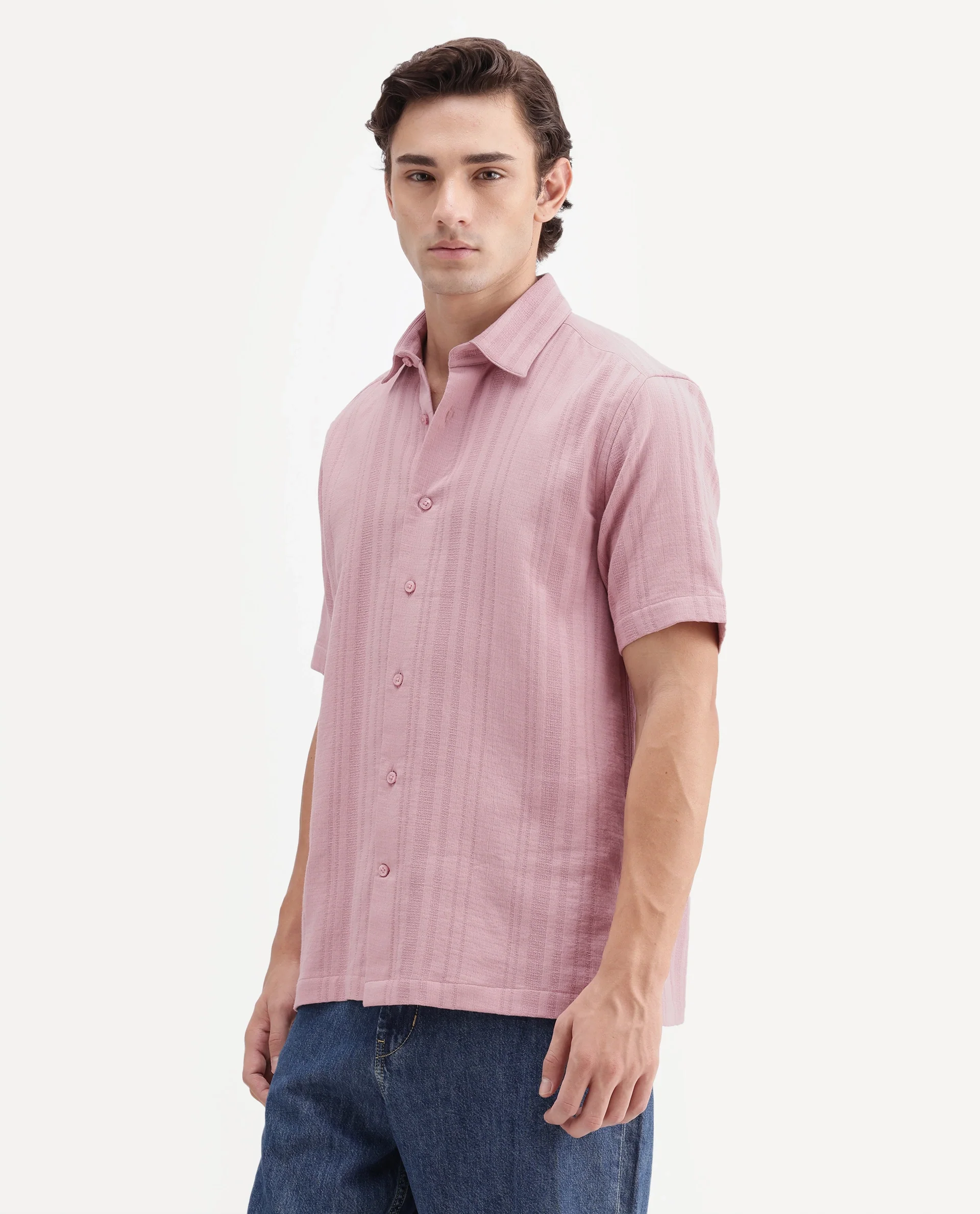 Rare Rabbit Men's Fivo Dusky Pink Cotton Fabric Half Sleeve Collared Regular Fit Striped Shirt - Image 6