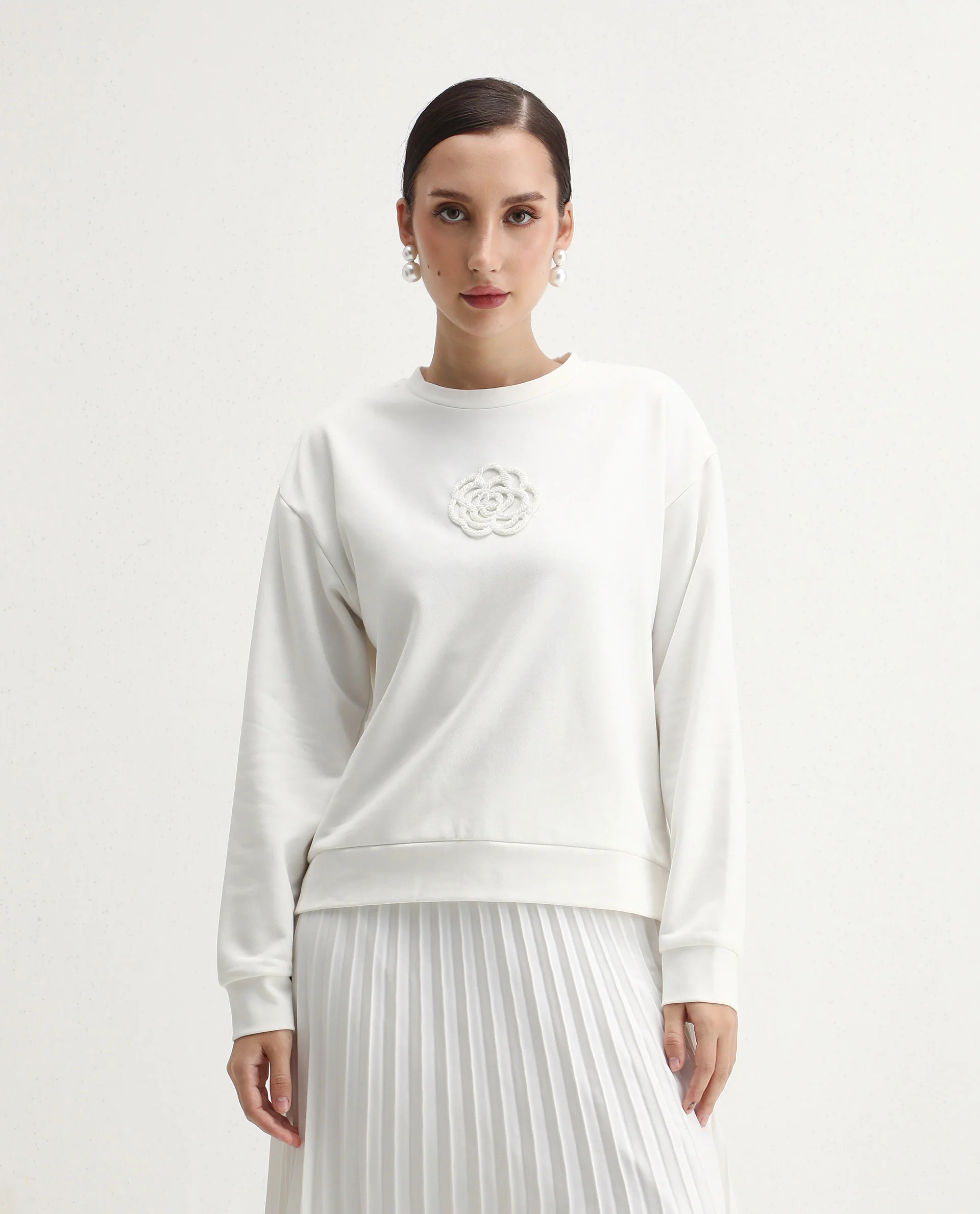Rareism Women's Flaf Off White Cotton Blend Crew Neck Regular Fit Printed Sweatshirt - Image 3