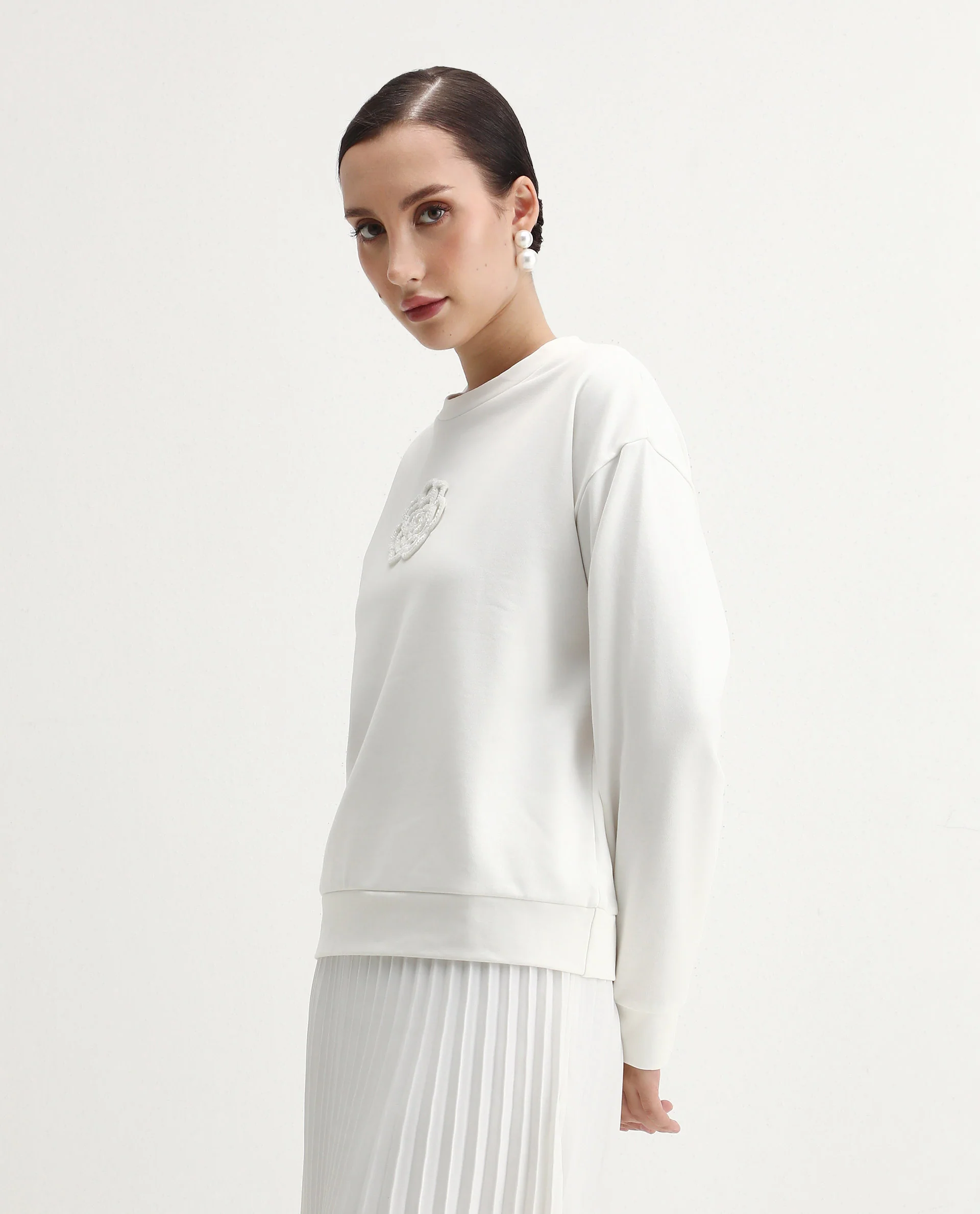 Rareism Women's Flaf Off White Cotton Blend Crew Neck Regular Fit Printed Sweatshirt - Image 4