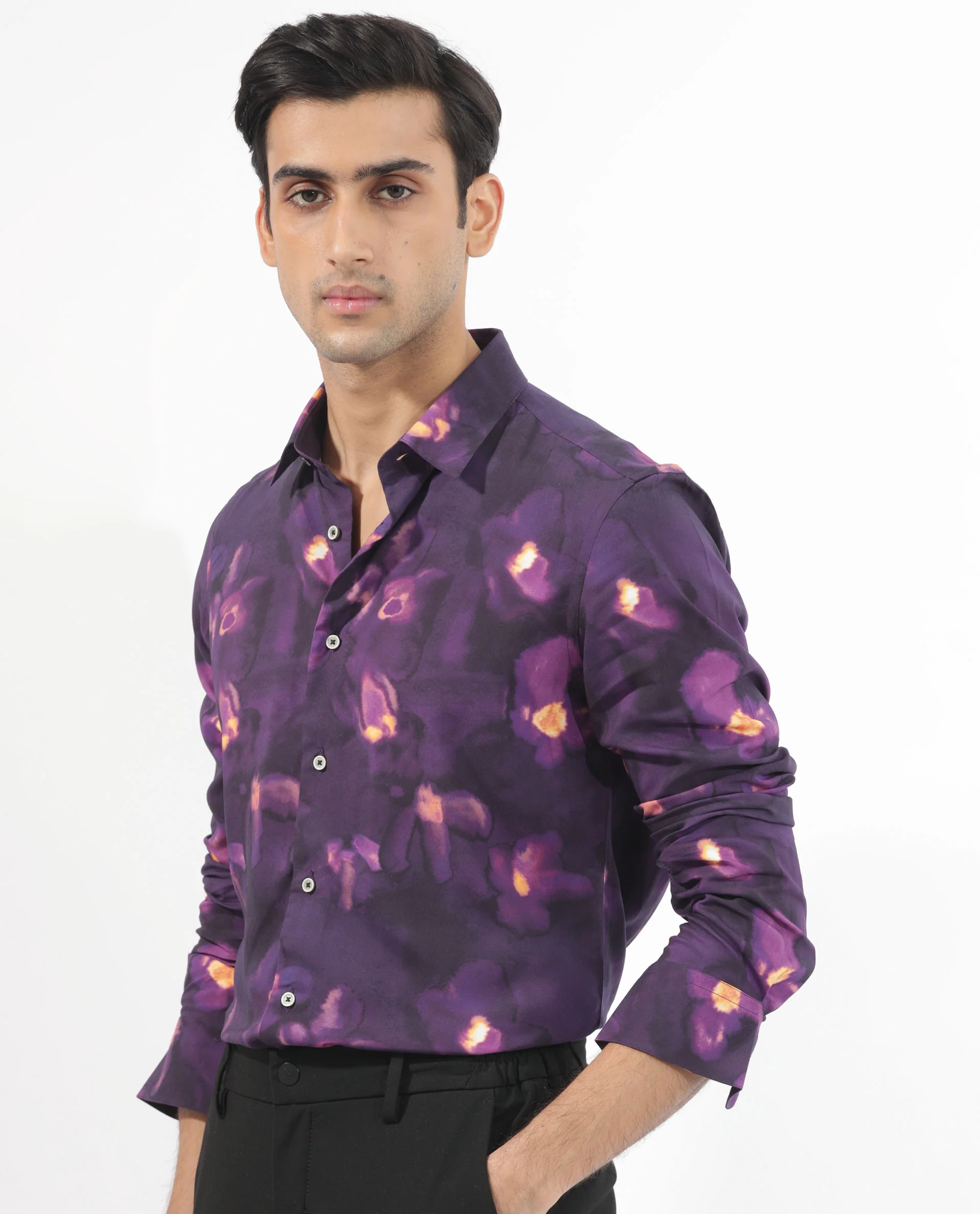 Rare Rabbit Men's Flage Purple Viscose Floral Print Regular Fit Full Sleeve Collared Shirt - Image 3