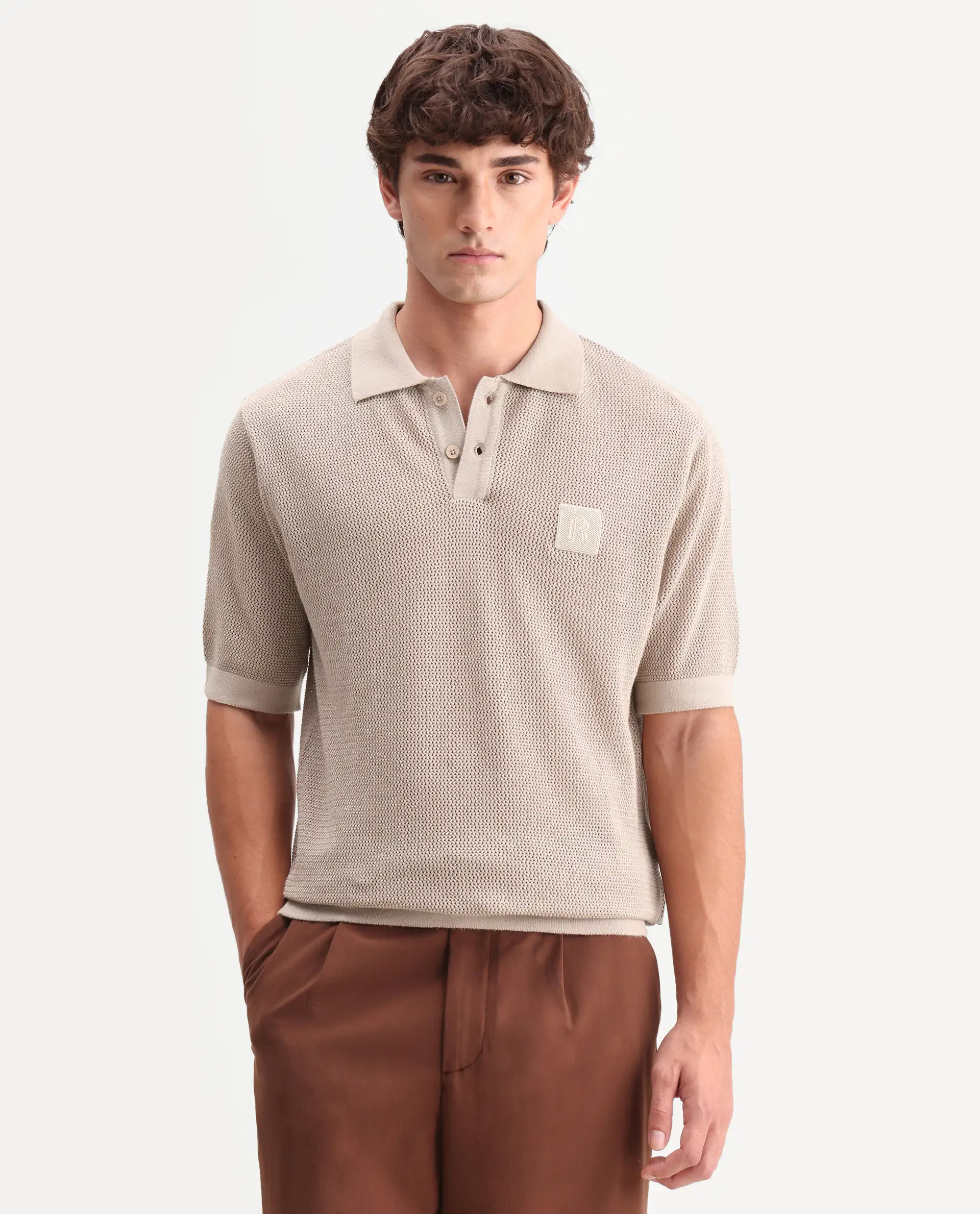 Rare Rabbit Men's Flak Beige Cotton Fabric Half Sleeve Spread Collar Regular Plain Polo - Image 4