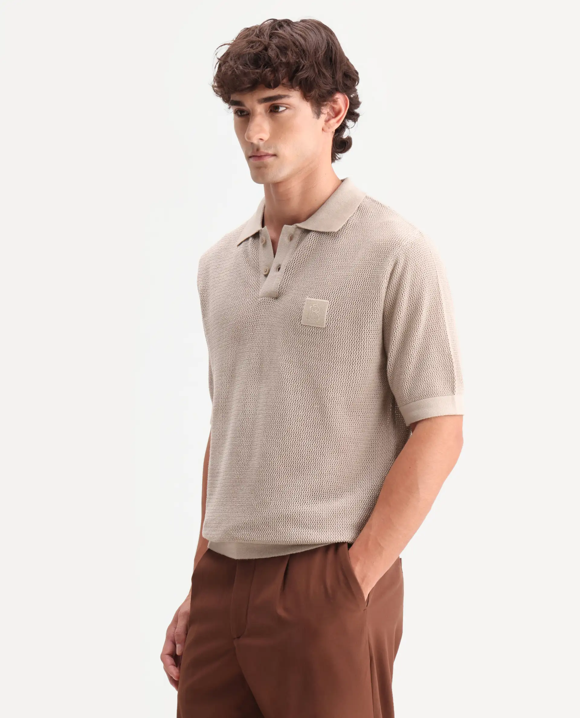 Rare Rabbit Men's Flak Beige Cotton Fabric Half Sleeve Spread Collar Regular Plain Polo - Image 5