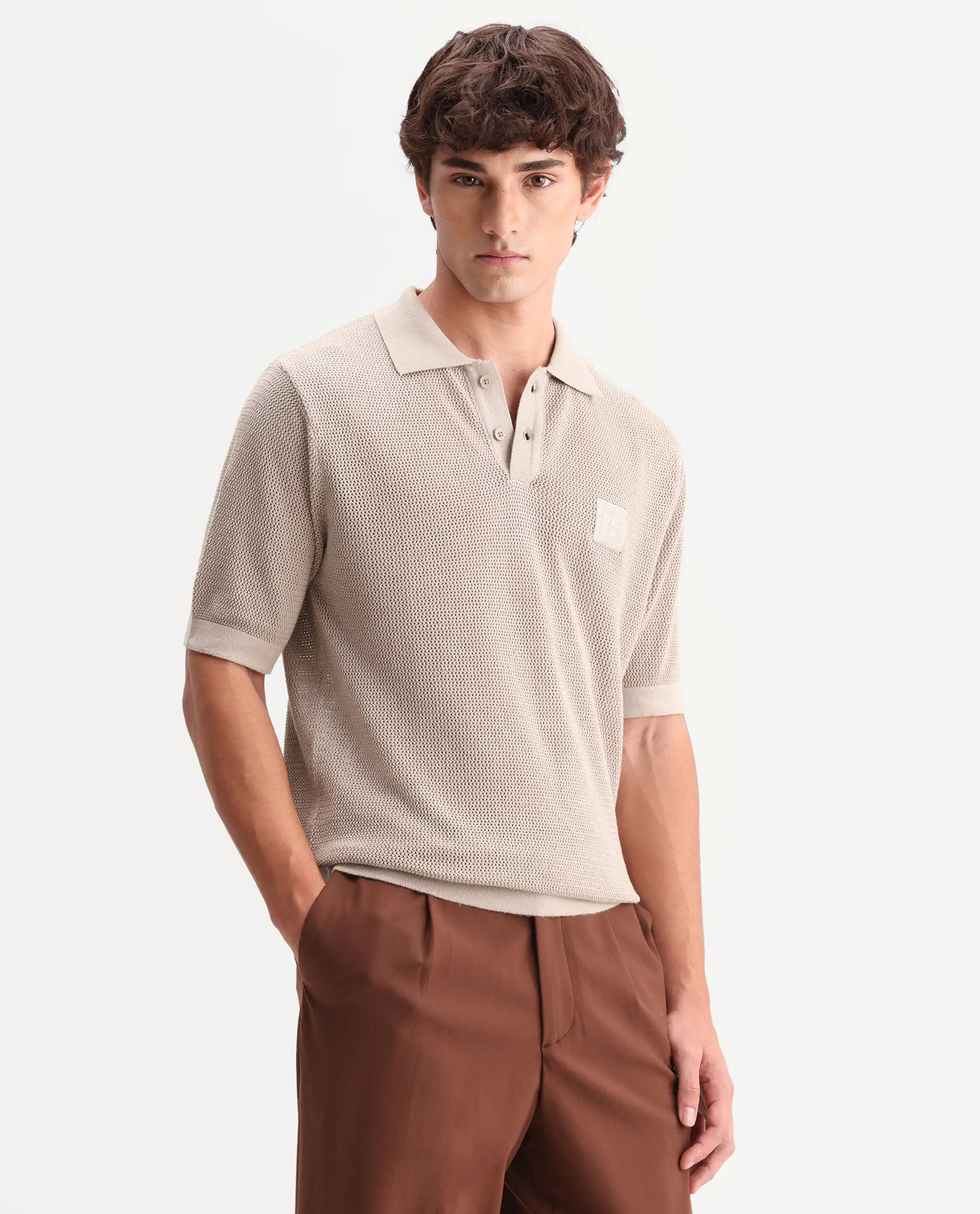 Rare Rabbit Men's Flak Beige Cotton Fabric Half Sleeve Spread Collar Regular Plain Polo - Image 6