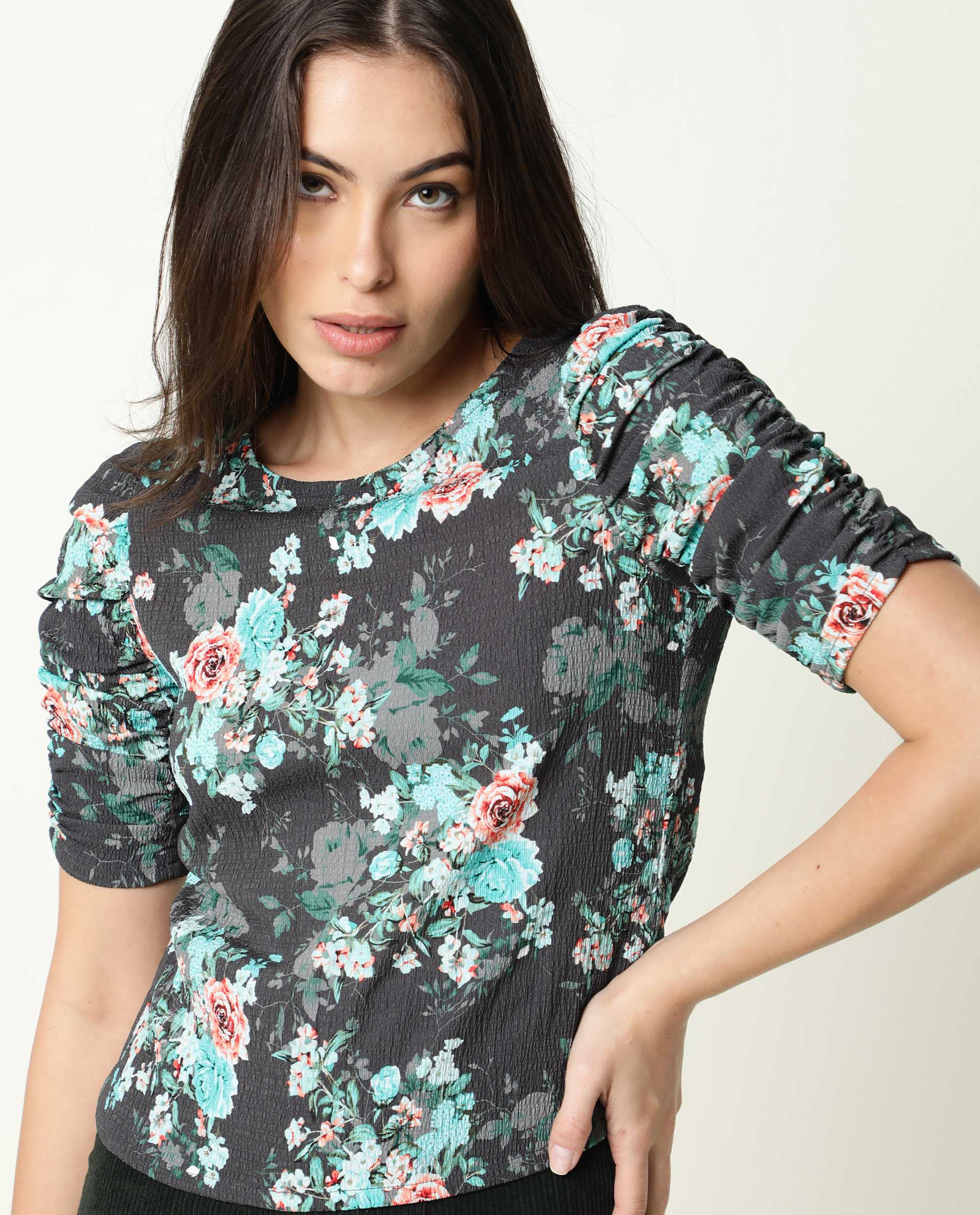 Rareism Women's Flake Grey Boat Neck Floral Print Knee Length Tailored Top