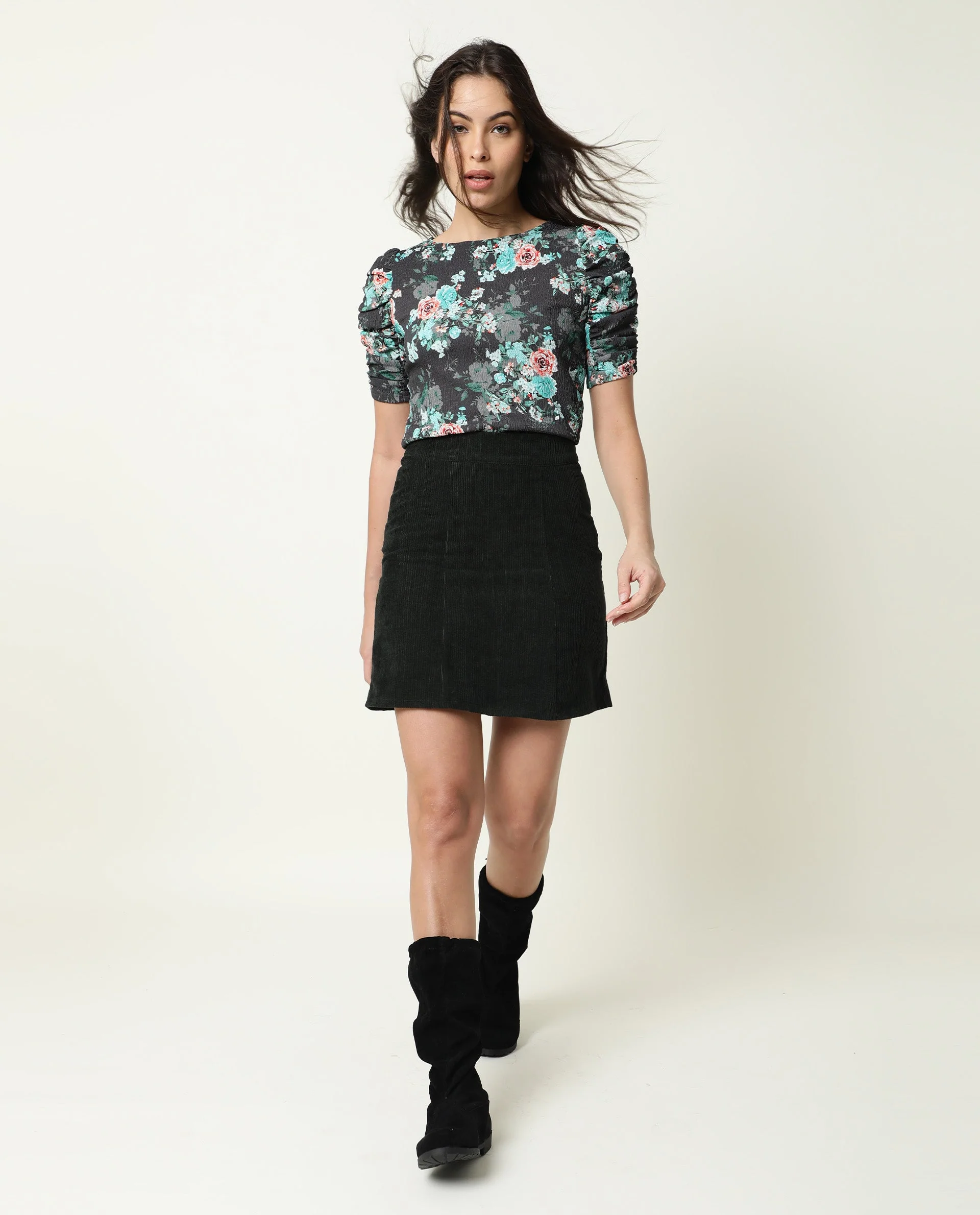 Rareism Women's Flake Grey Boat Neck Floral Print Knee Length Tailored Top - Image 3