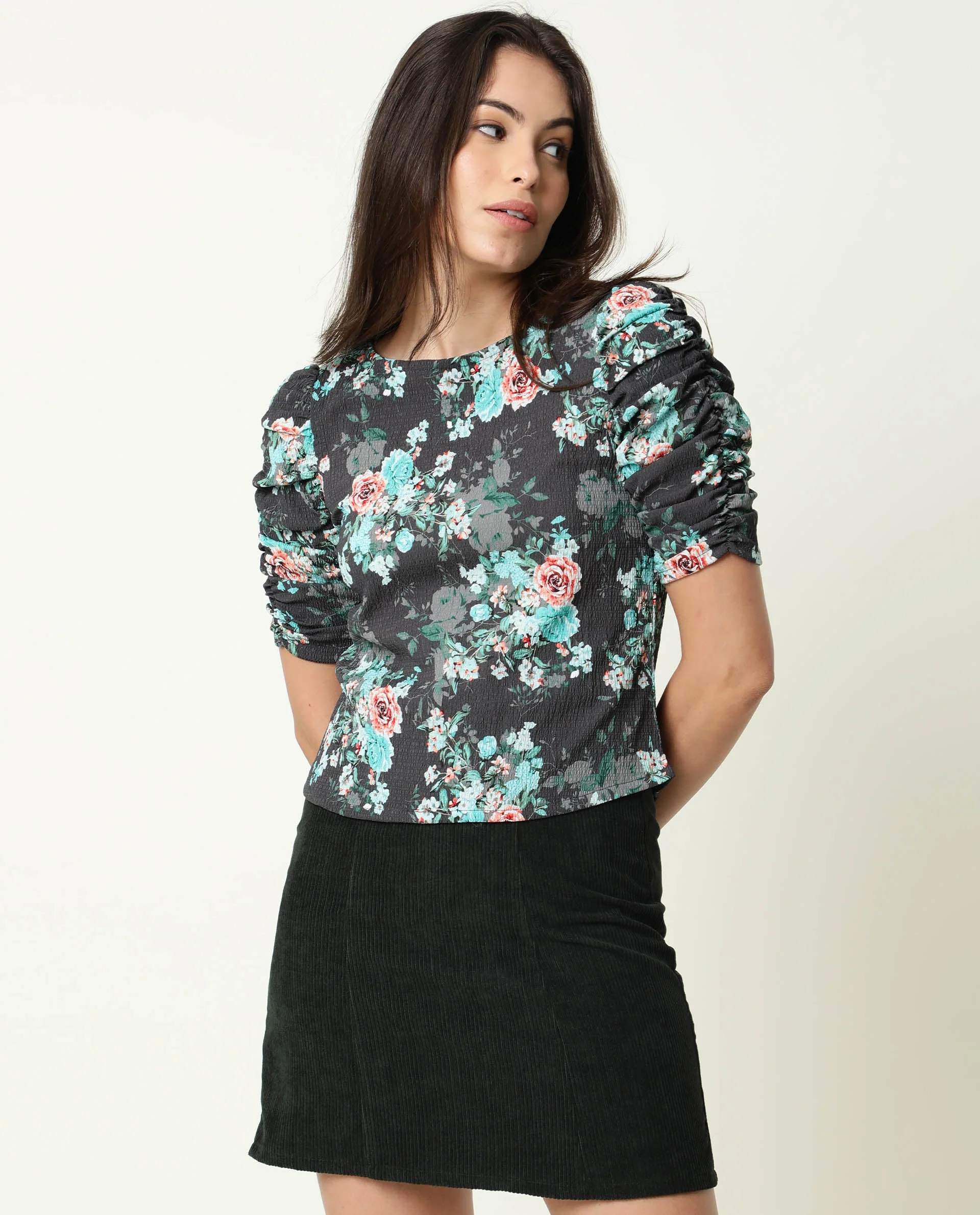 Rareism Women's Flake Grey Boat Neck Floral Print Knee Length Tailored Top - Image 5