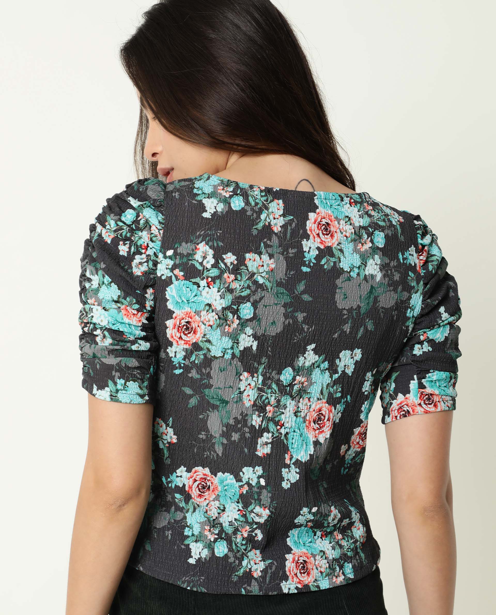 Rareism Women's Flake Grey Boat Neck Floral Print Knee Length Tailored Top - Image 7