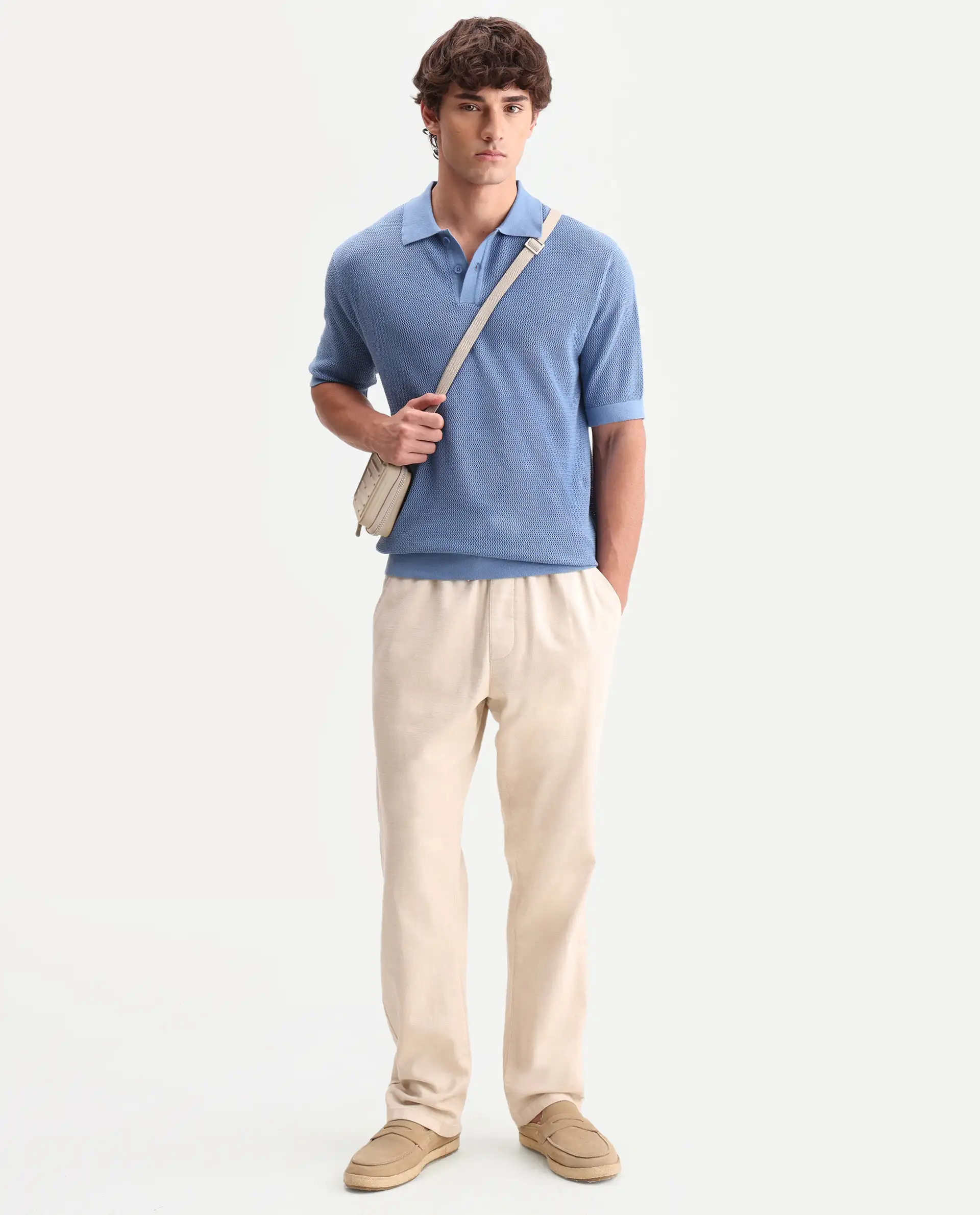 Rare Rabbit Men's Flako Fluorescent Blue Cotton Fabric Half Sleeve Spread Collar Regular Plain Polo - Image 2