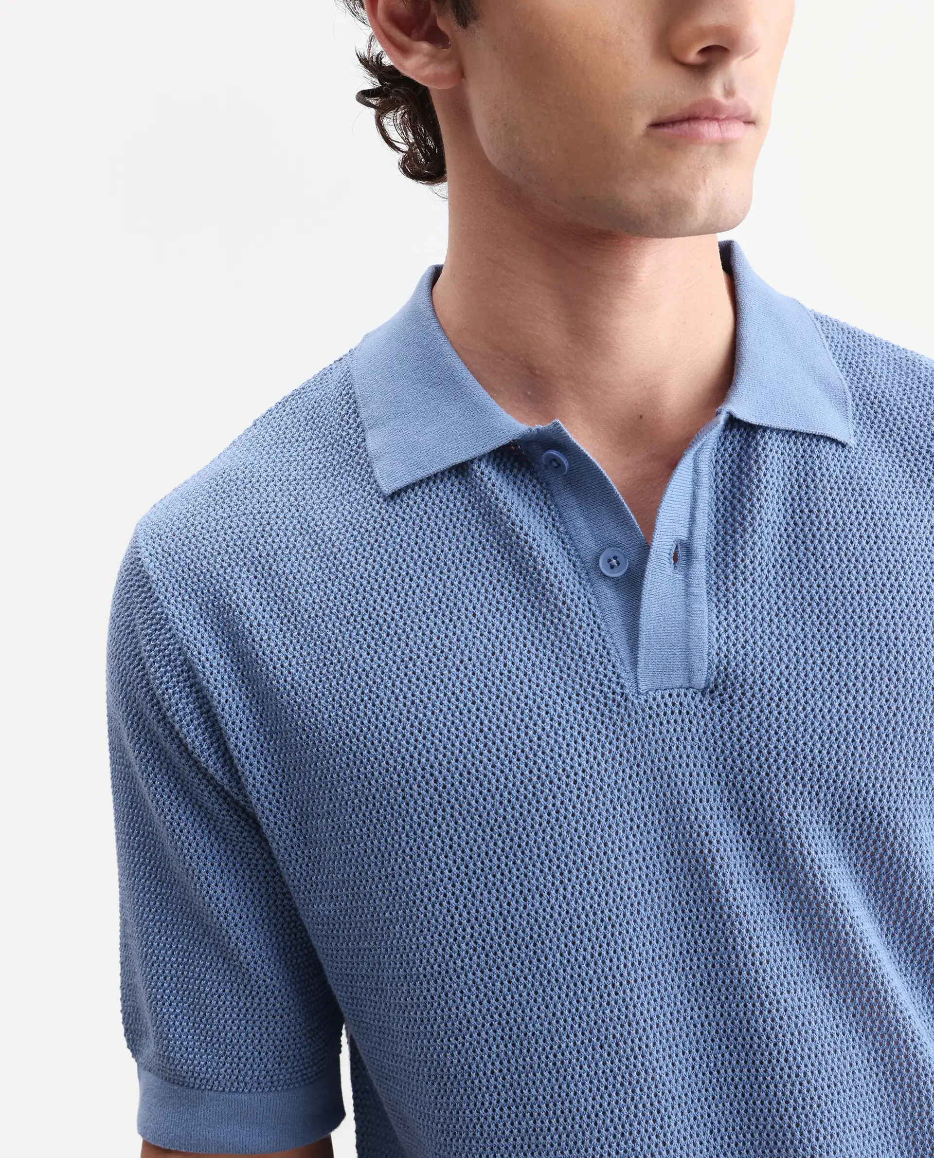 Rare Rabbit Men's Flako Fluorescent Blue Cotton Fabric Half Sleeve Spread Collar Regular Plain Polo - Image 3