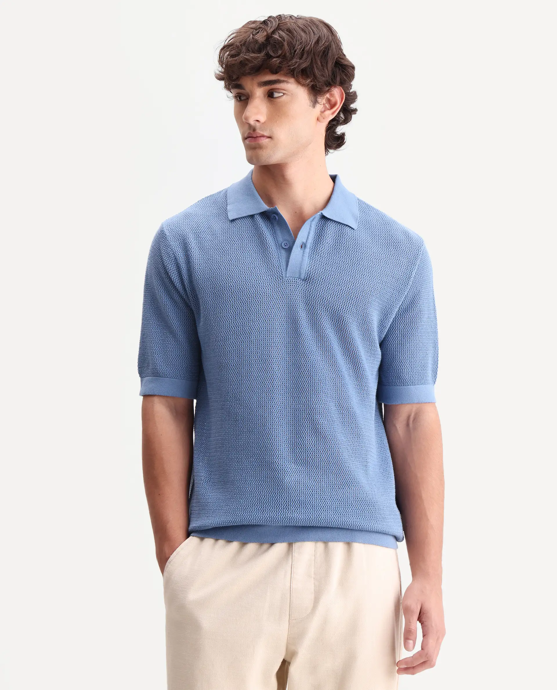Rare Rabbit Men's Flako Fluorescent Blue Cotton Fabric Half Sleeve Spread Collar Regular Plain Polo - Image 4