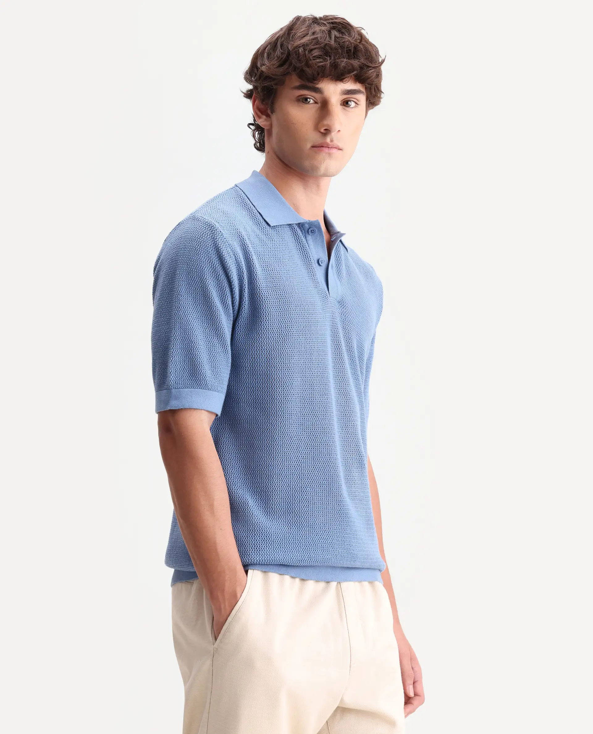 Rare Rabbit Men's Flako Fluorescent Blue Cotton Fabric Half Sleeve Spread Collar Regular Plain Polo - Image 5