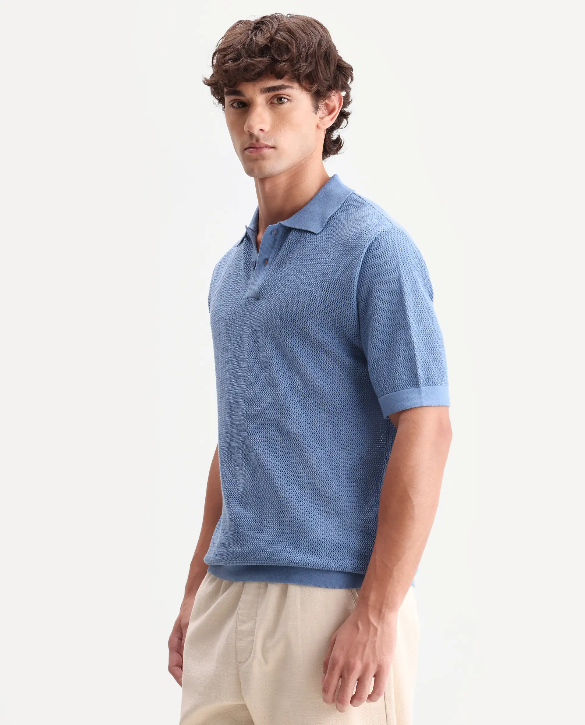Rare Rabbit Men's Flako Fluorescent Blue Cotton Fabric Half Sleeve Spread Collar Regular Plain Polo - Image 6