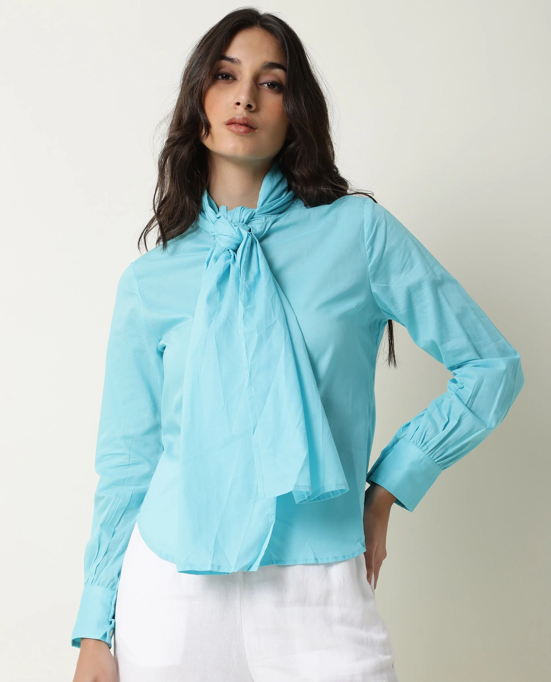 Rareism Women's Flame Blue Tie-Up Neck Plain Knee Length Regular Fit Top
