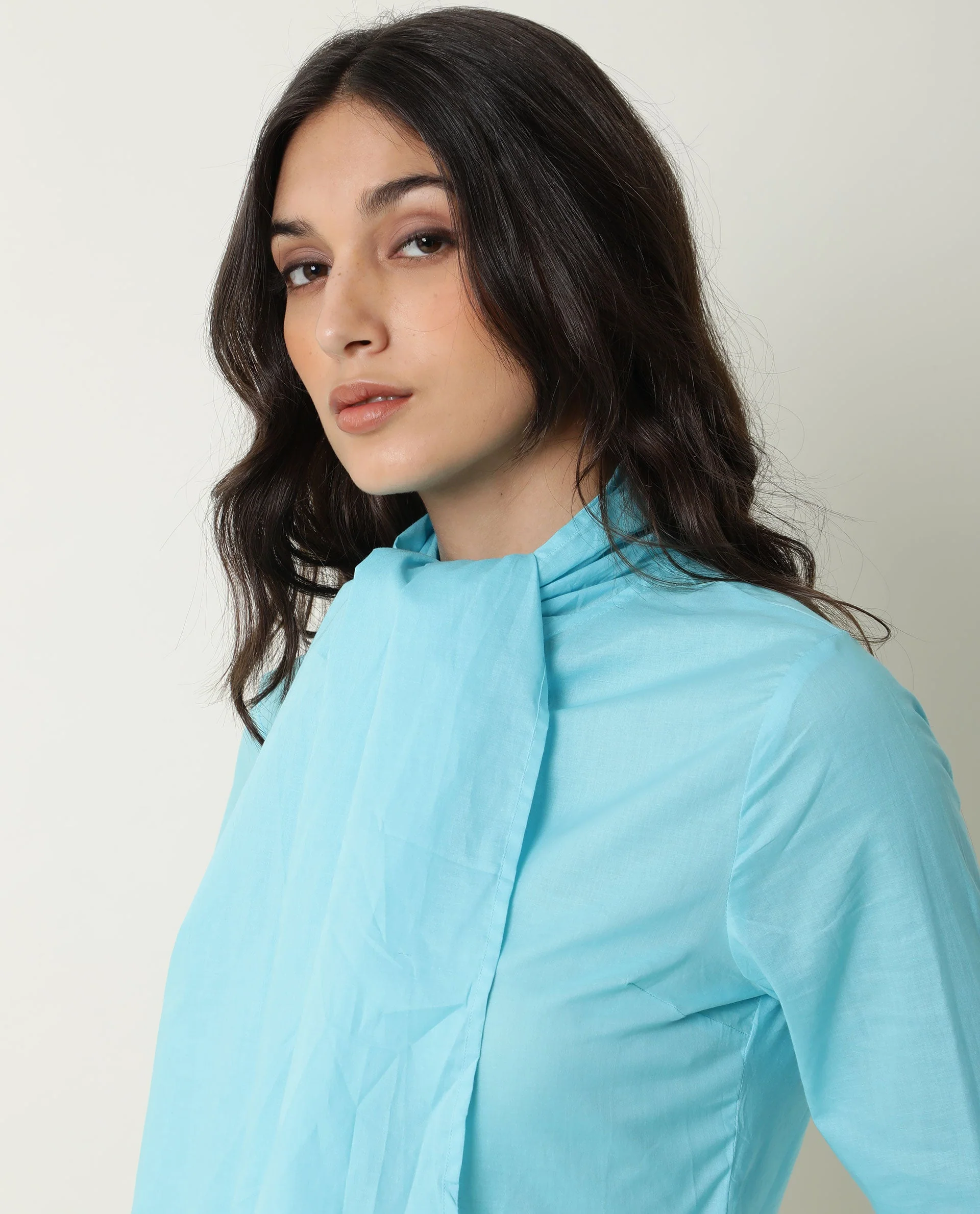 Rareism Women's Flame Blue Tie-Up Neck Plain Knee Length Regular Fit Top - Image 2
