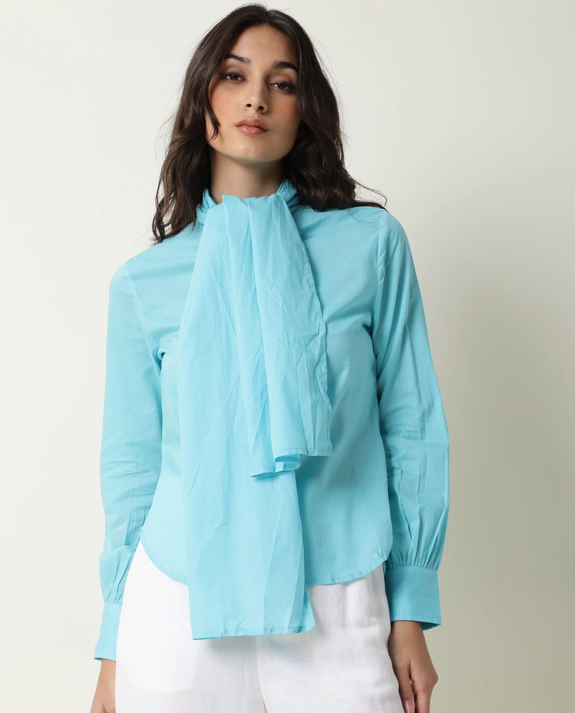 Rareism Women's Flame Blue Tie-Up Neck Plain Knee Length Regular Fit Top - Image 3