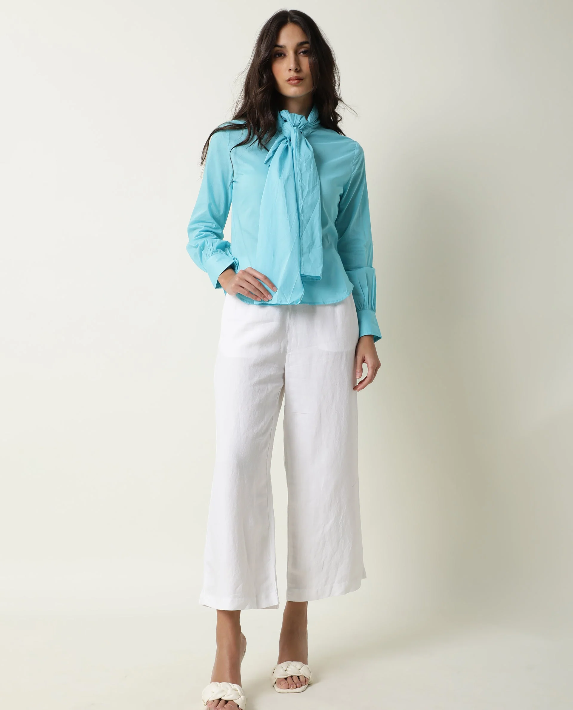 Rareism Women's Flame Blue Tie-Up Neck Plain Knee Length Regular Fit Top - Image 4