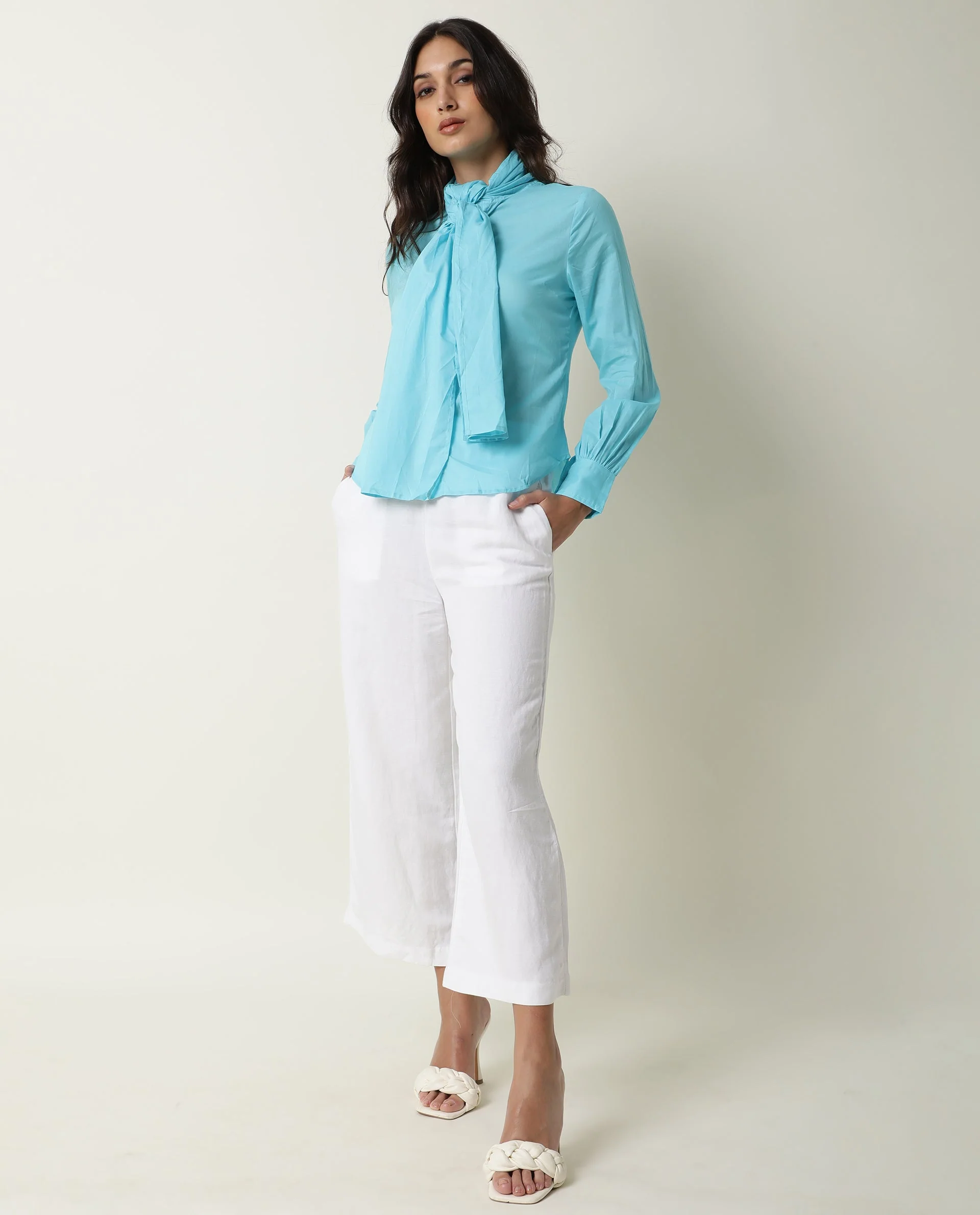 Rareism Women's Flame Blue Tie-Up Neck Plain Knee Length Regular Fit Top - Image 5