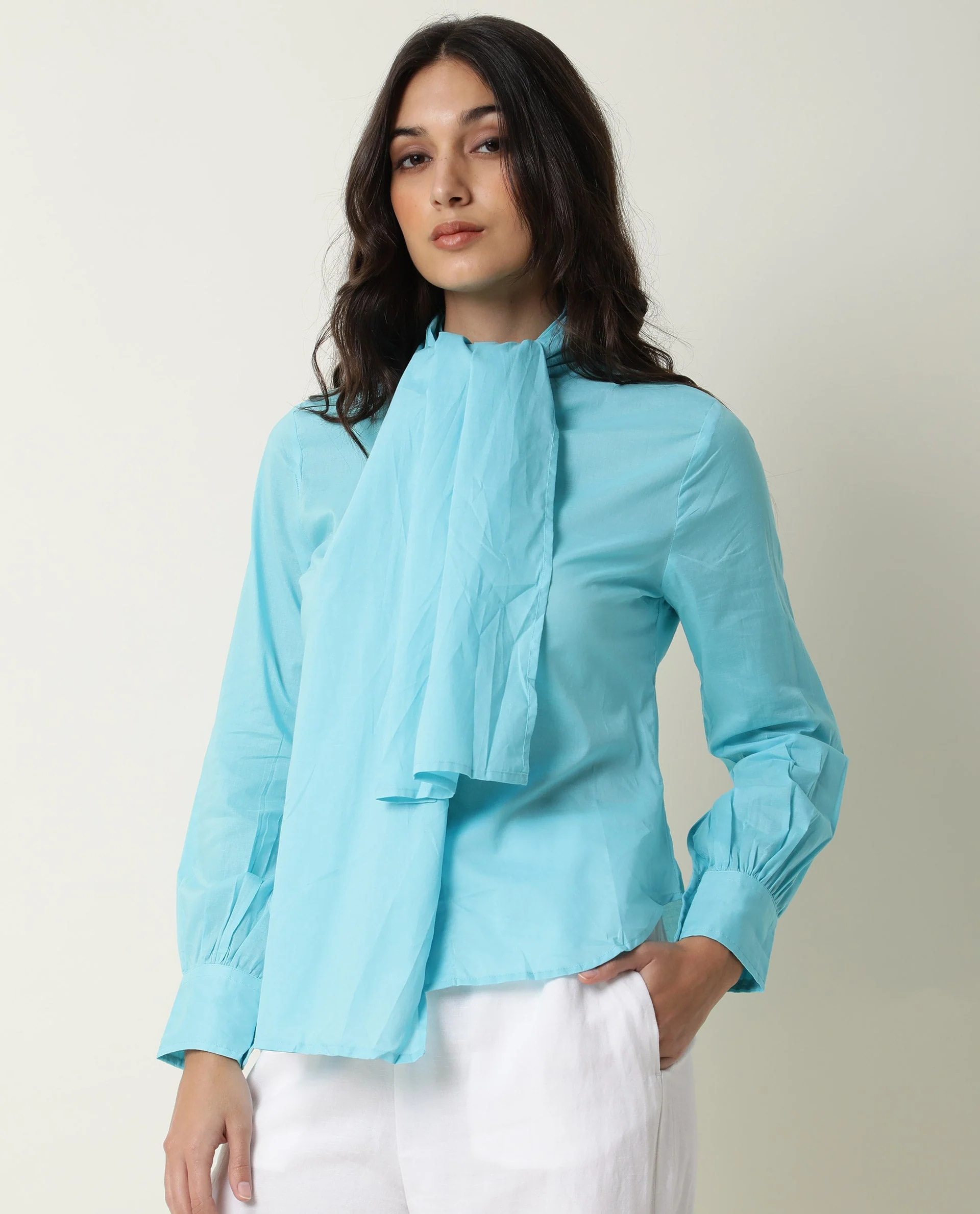 Rareism Women's Flame Blue Tie-Up Neck Plain Knee Length Regular Fit Top - Image 6
