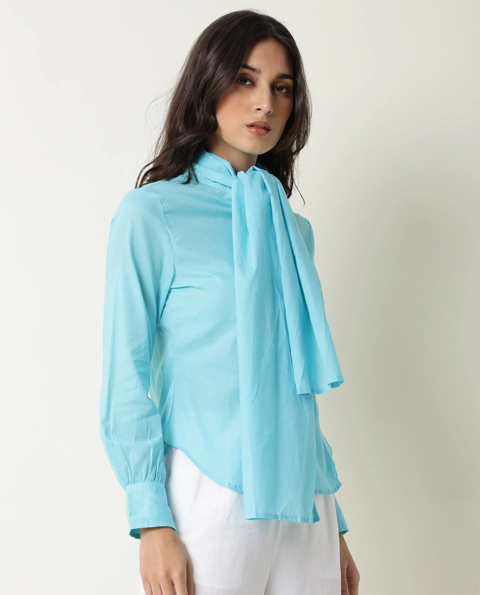 Rareism Women's Flame Blue Tie-Up Neck Plain Knee Length Regular Fit Top - Image 8