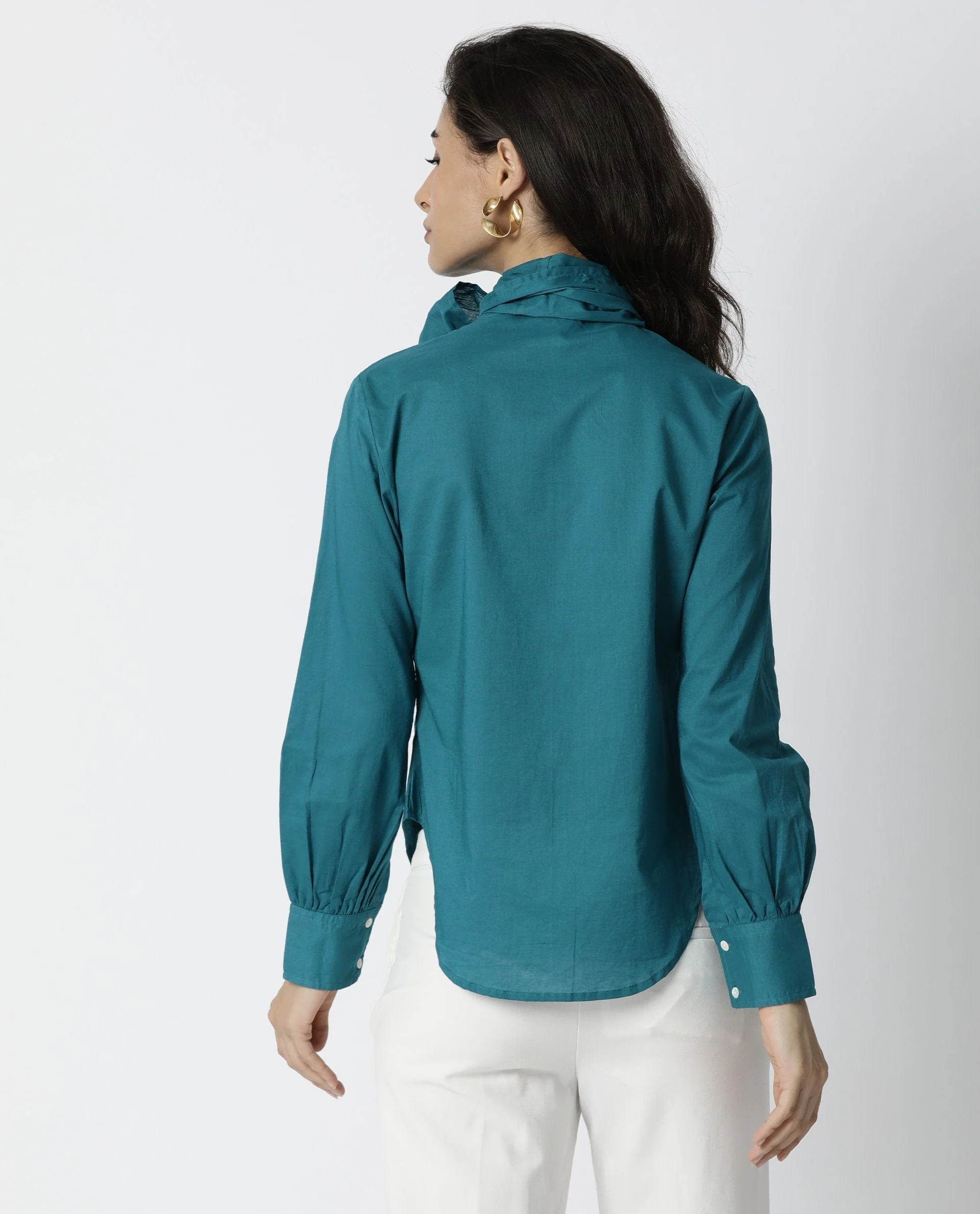 Rareism Women's Flame Petrol Cotton V-Neck Plain Tailored Top - Image 3